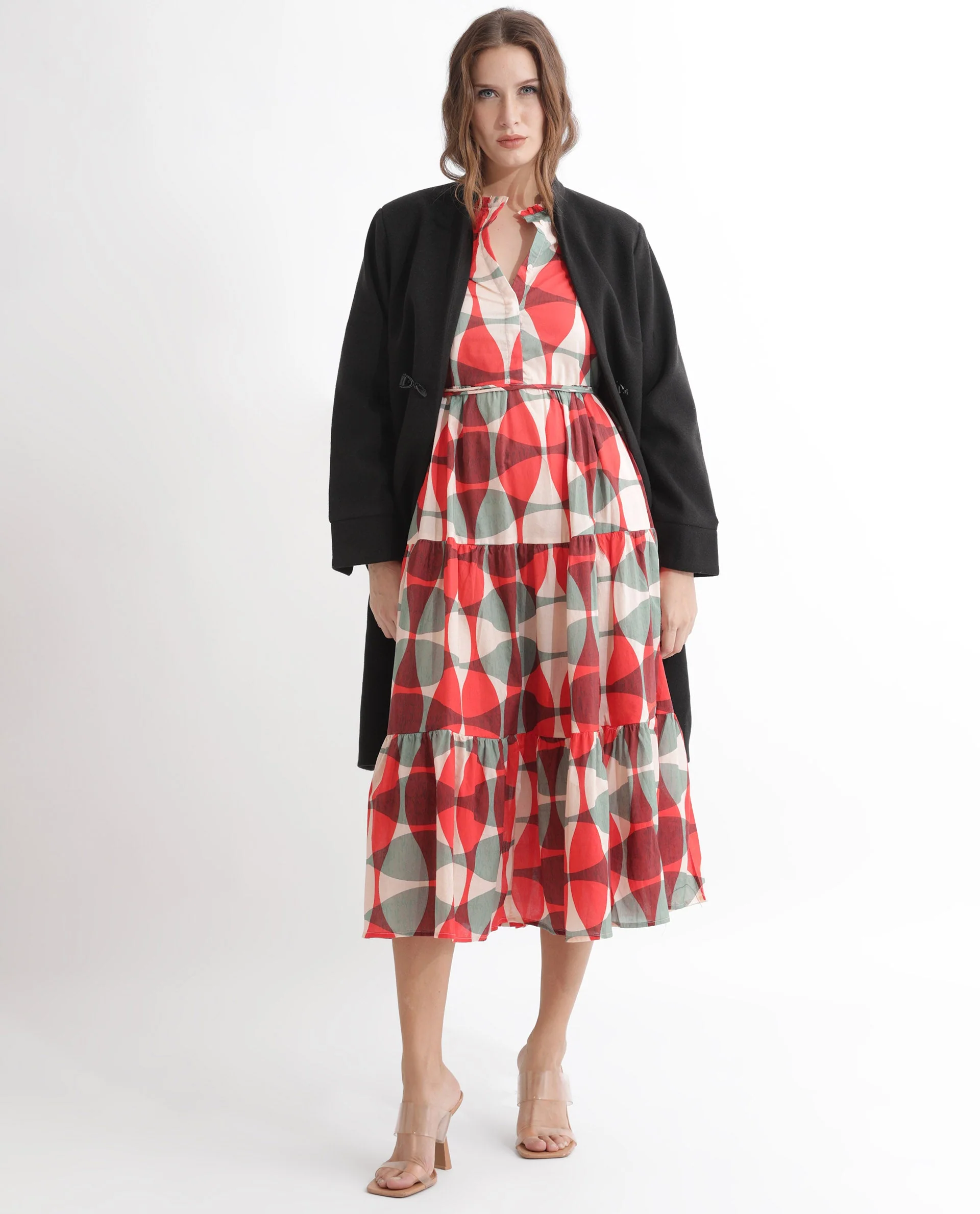 Rareism Women's Zingo Red Cotton Sweetheart Neck Geometric Print Knee Length Flared Dress - Image 7