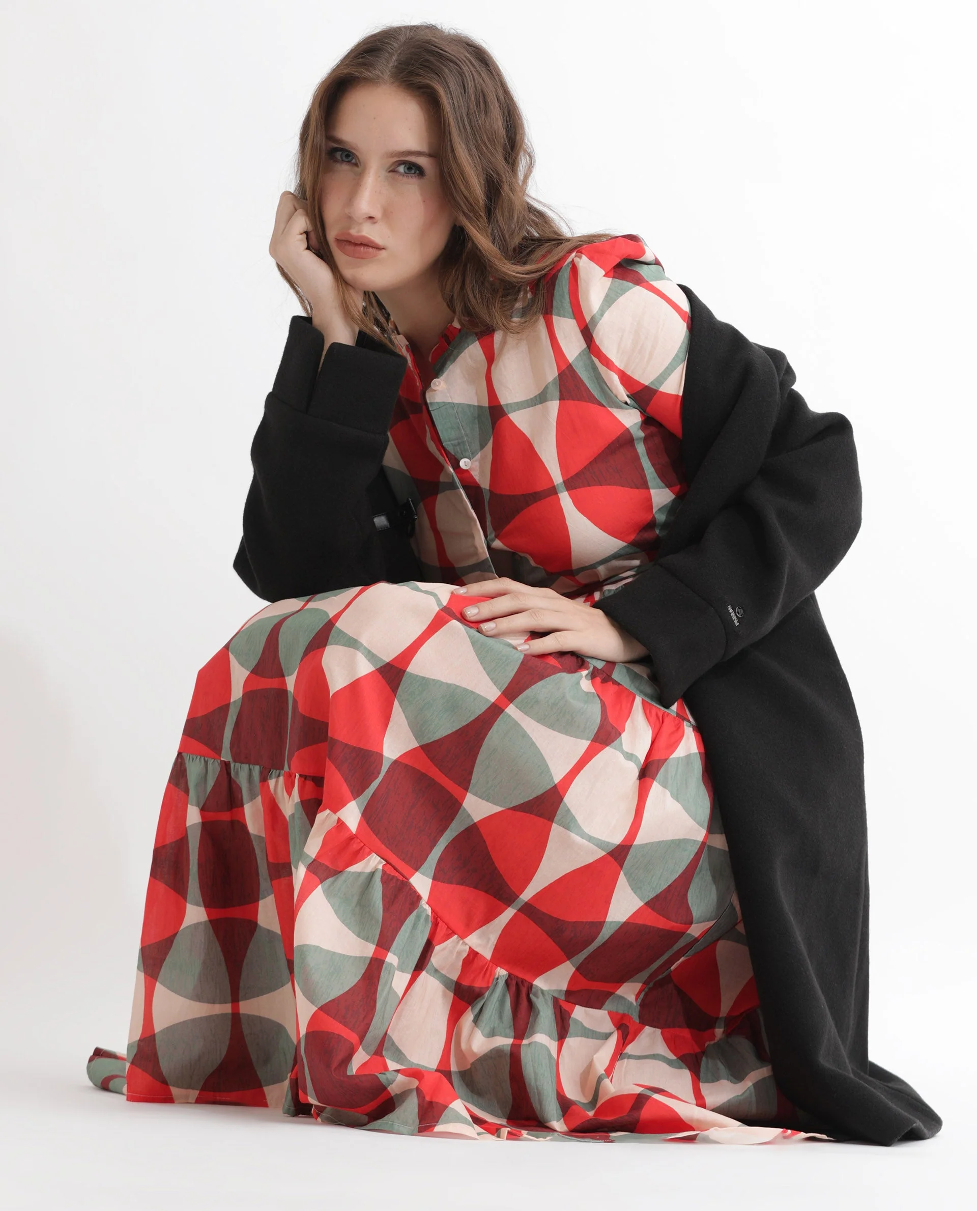 Rareism Women's Zingo Red Cotton Sweetheart Neck Geometric Print Knee Length Flared Dress - Image 8