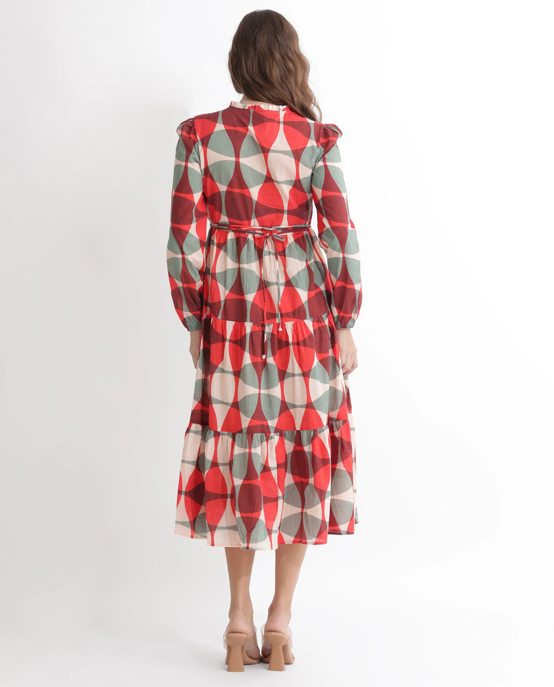 Rareism Women's Zingo Red Cotton Sweetheart Neck Geometric Print Knee Length Flared Dress - Image 9