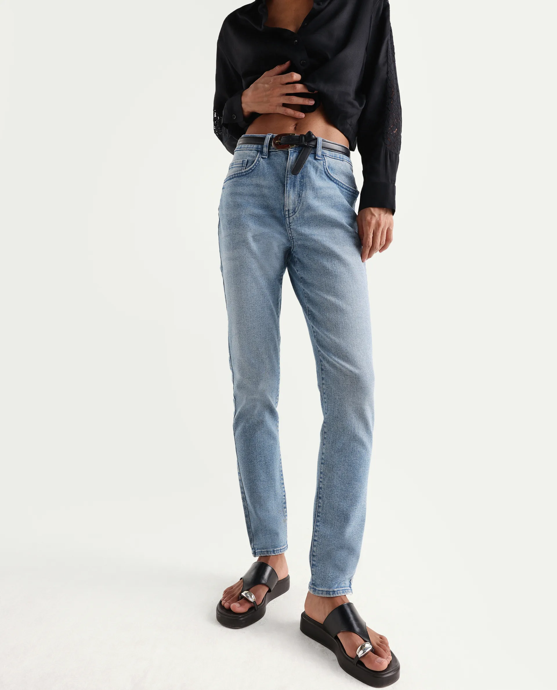 Rareism Women's Zingo Light Blue Cotton Blend Plain Ankle Length Skinny Fit Jeans - Image 2