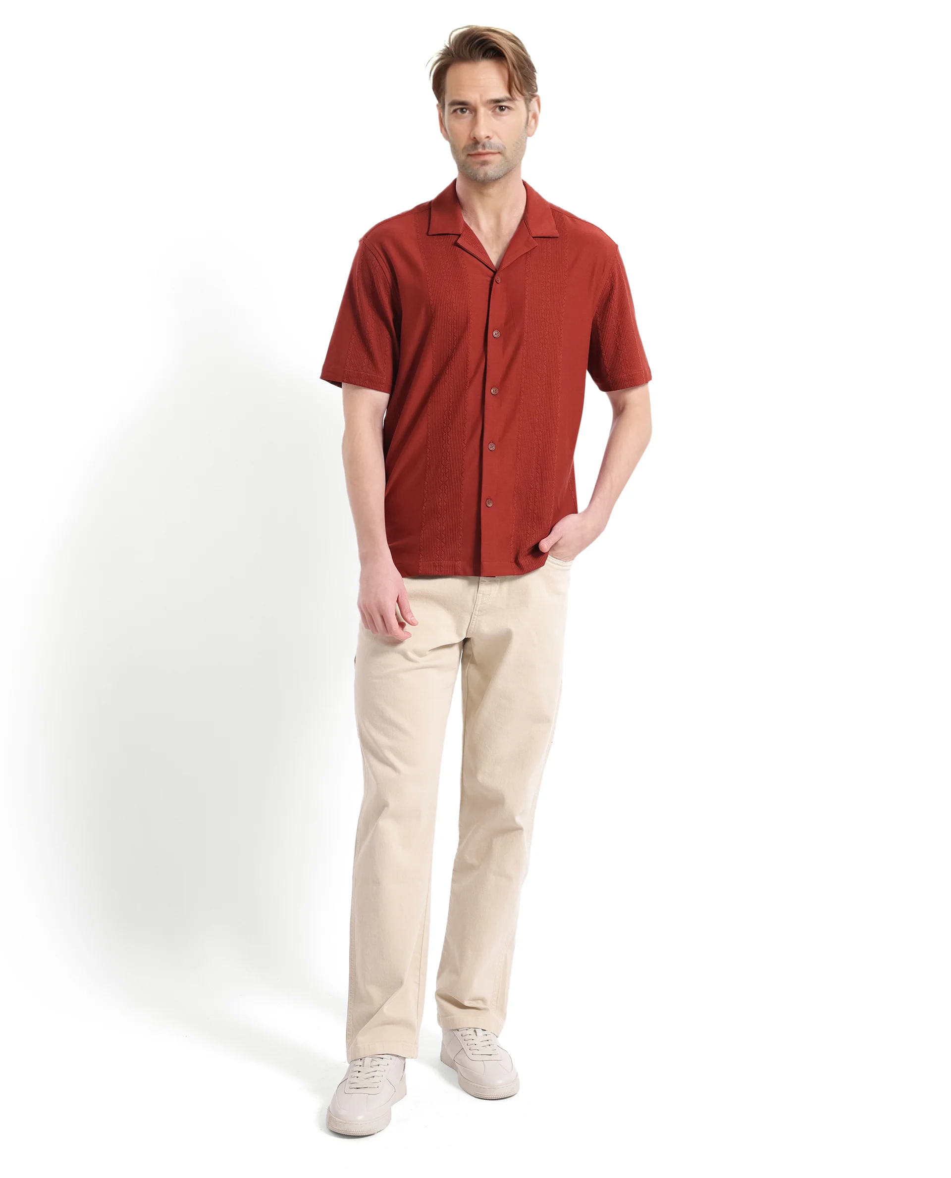 Rare Rabbit Men's Zino Brown Cotton Plain Boxy Fit Half Sleeve Cuban Collar Shirt - Image 2