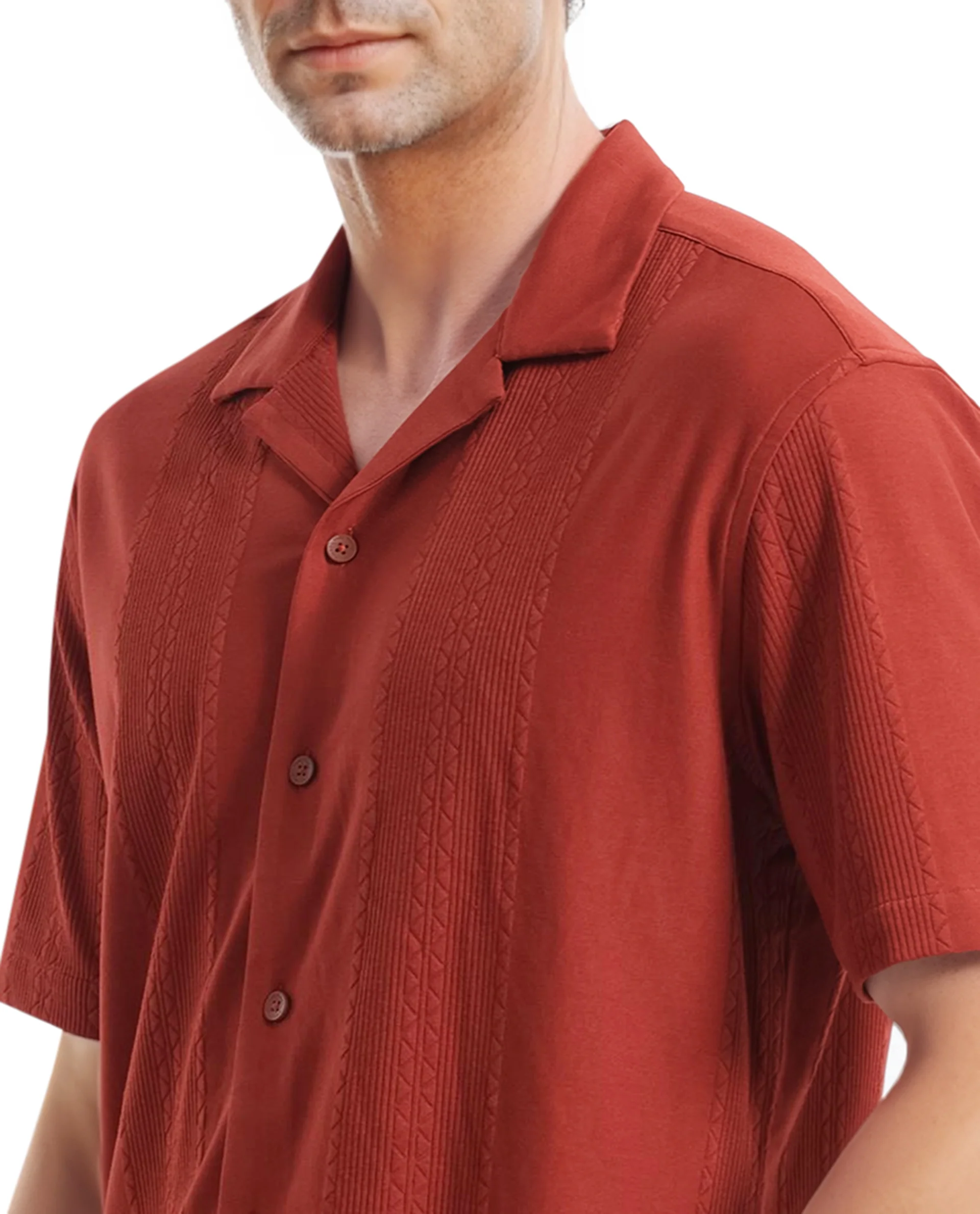 Rare Rabbit Men's Zino Brown Cotton Plain Boxy Fit Half Sleeve Cuban Collar Shirt - Image 3