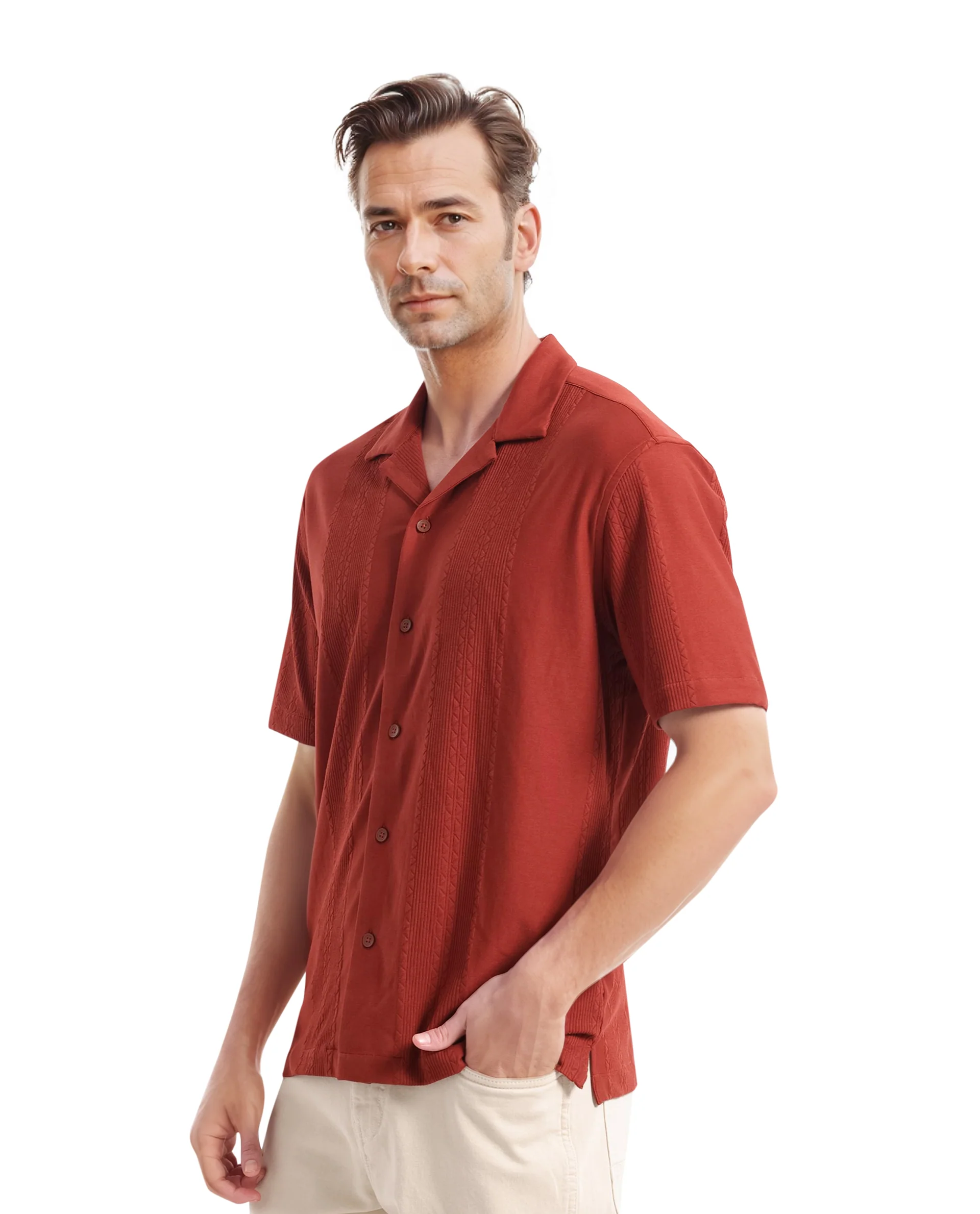 Rare Rabbit Men's Zino Brown Cotton Plain Boxy Fit Half Sleeve Cuban Collar Shirt - Image 5