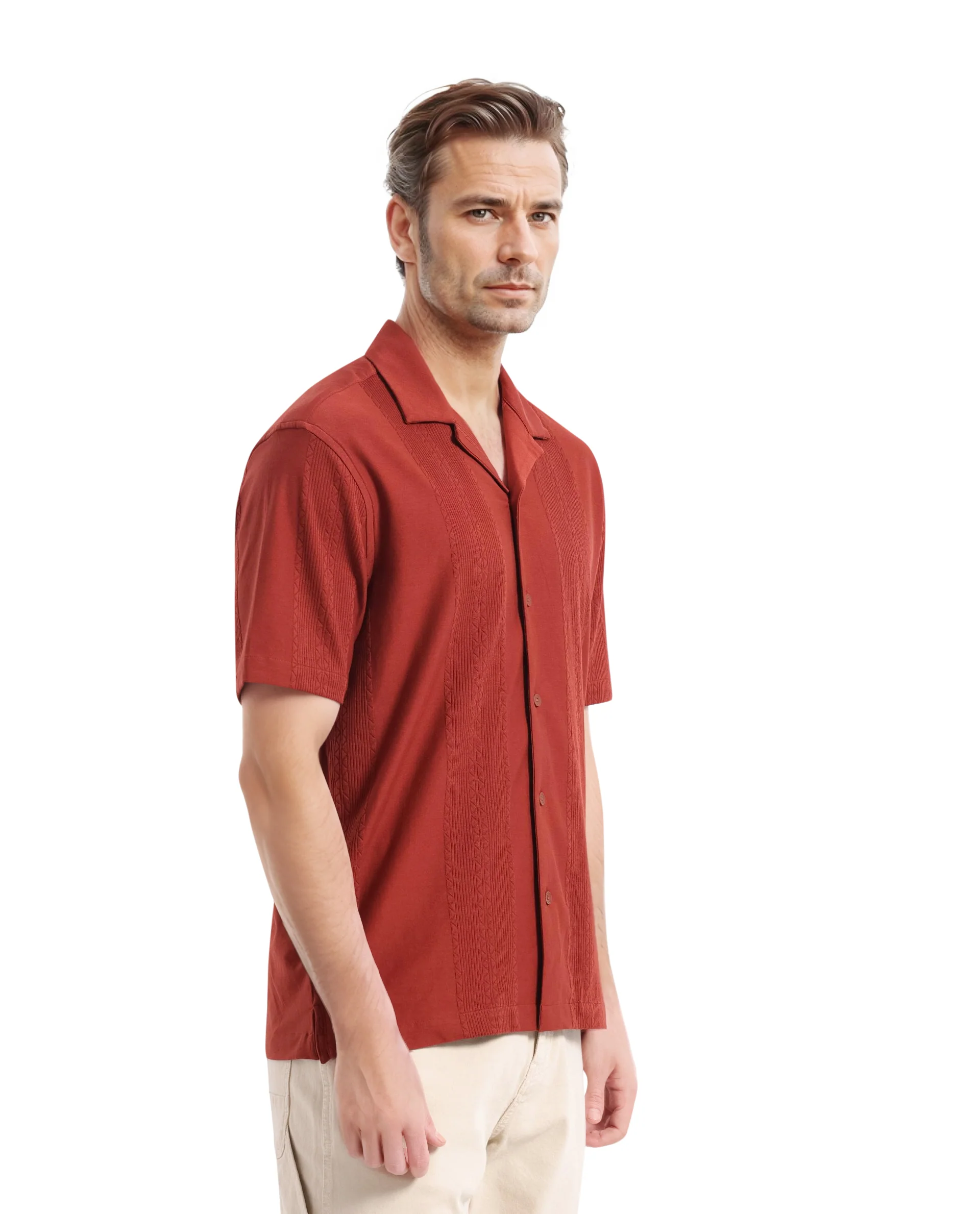 Rare Rabbit Men's Zino Brown Cotton Plain Boxy Fit Half Sleeve Cuban Collar Shirt - Image 6