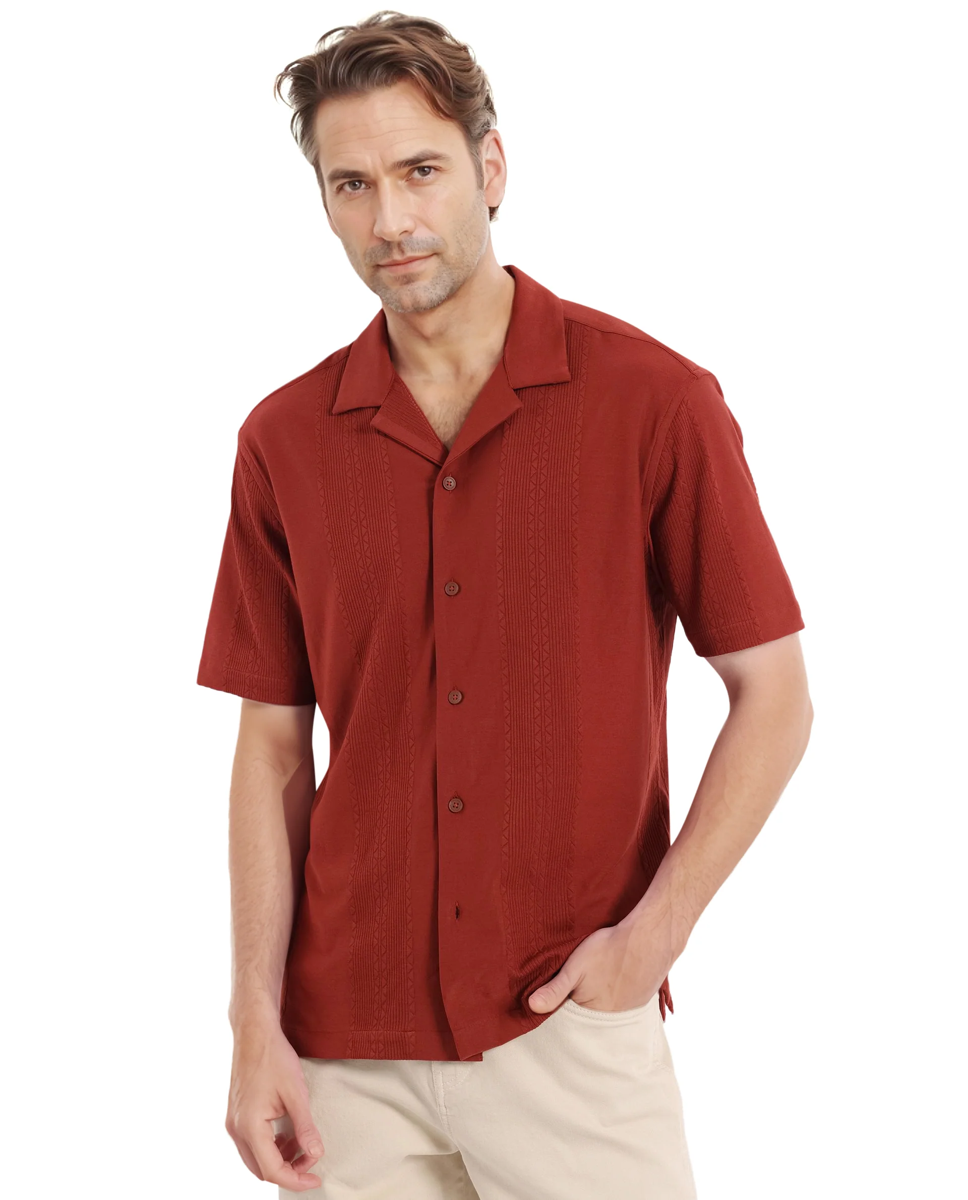 Rare Rabbit Men's Zino Brown Cotton Plain Boxy Fit Half Sleeve Cuban Collar Shirt - Image 8