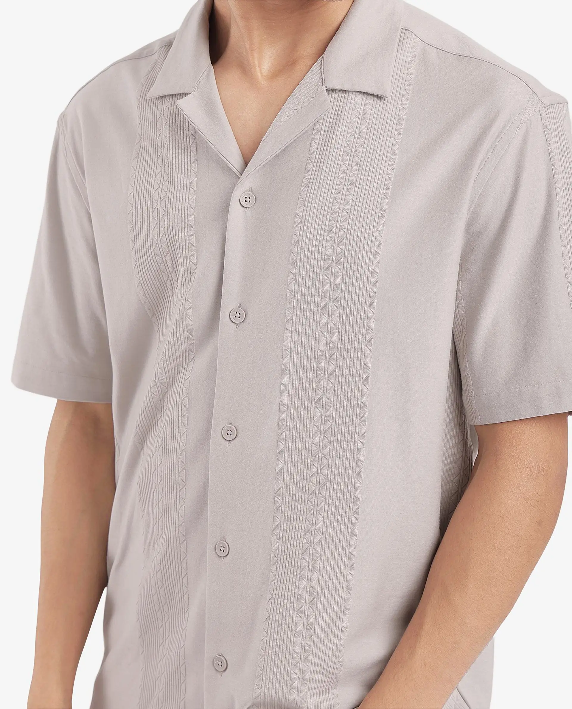 Rare Rabbit Men's Zino Light Beige Cotton Plain Boxy Fit Half Sleeve Cuban Collar Shirt - Image 3