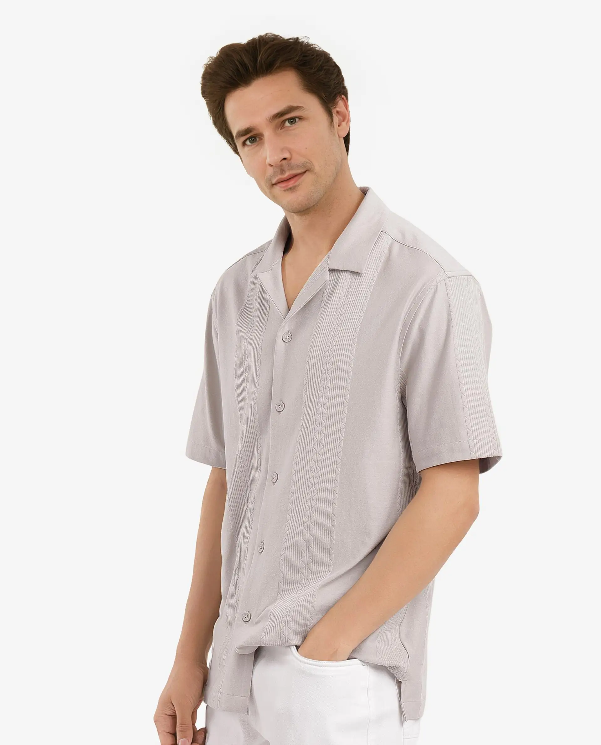 Rare Rabbit Men's Zino Light Beige Cotton Plain Boxy Fit Half Sleeve Cuban Collar Shirt - Image 5