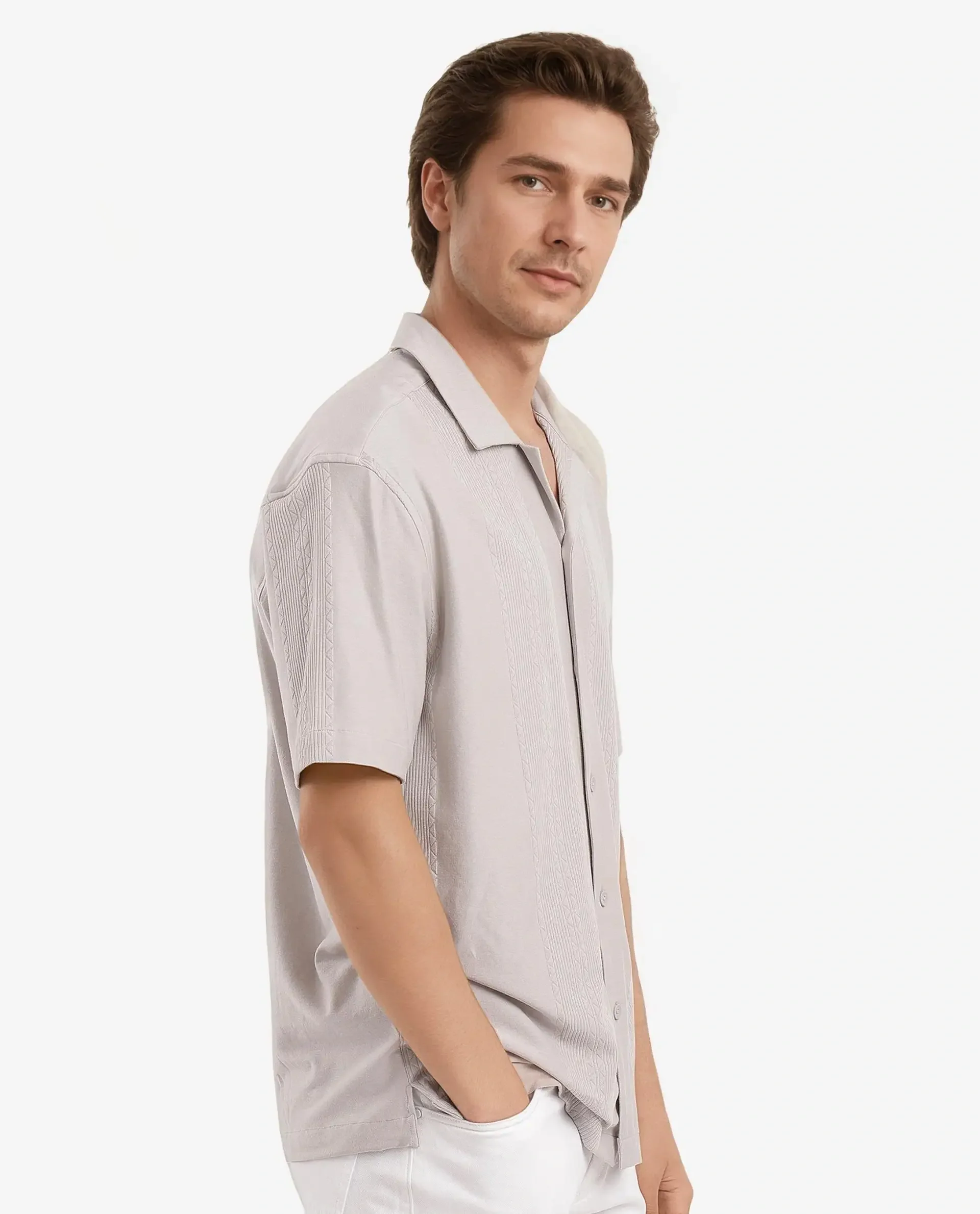 Rare Rabbit Men's Zino Light Beige Cotton Plain Boxy Fit Half Sleeve Cuban Collar Shirt - Image 6
