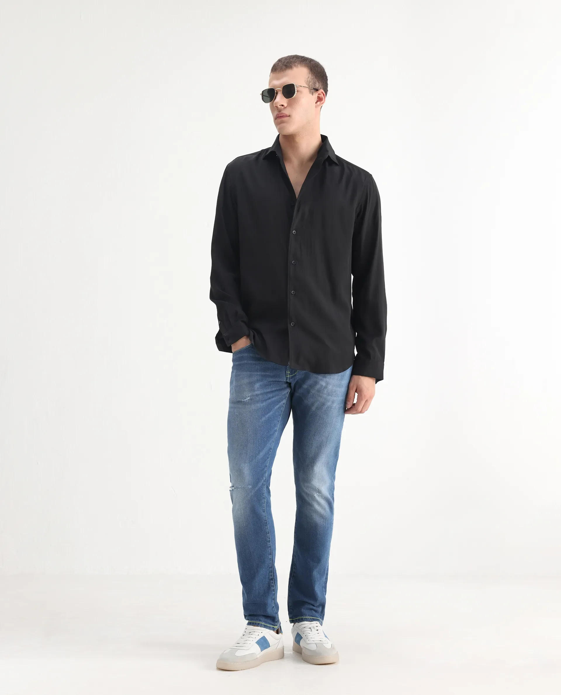 Rare Rabbit Men's Zinon Blue Cotton Blend Plain Hawk Slim Fit Jeans