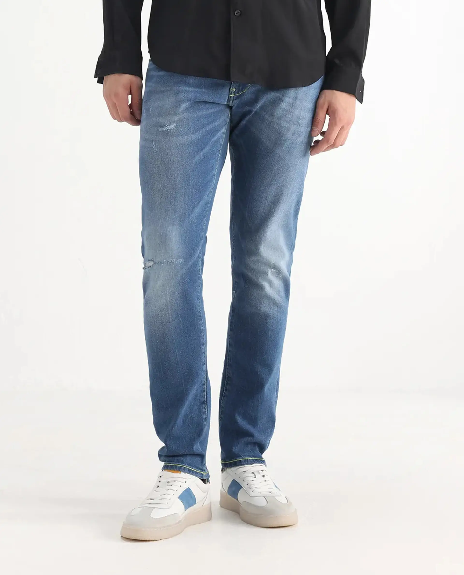 Rare Rabbit Men's Zinon Blue Cotton Blend Plain Hawk Slim Fit Jeans - Image 10