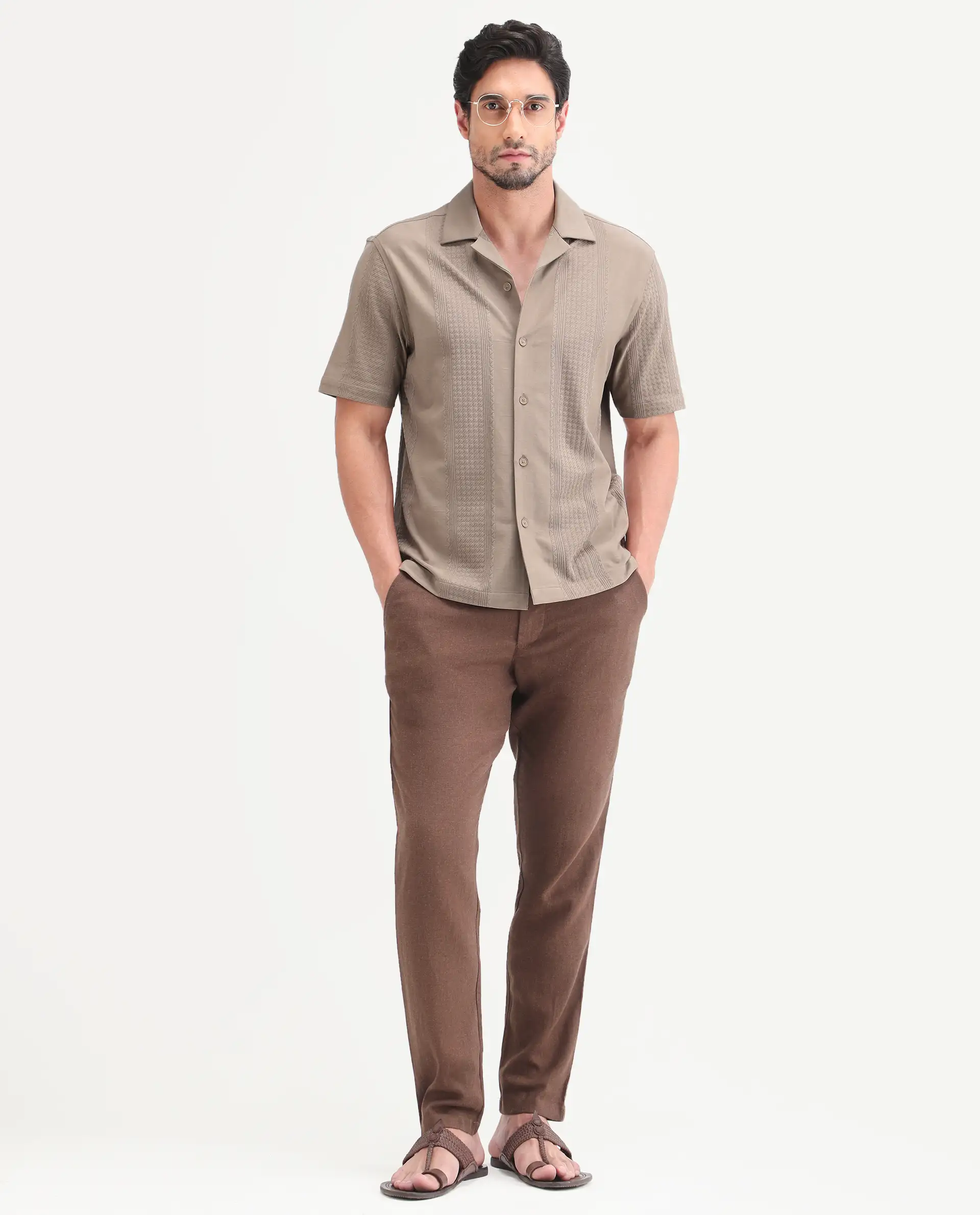 Rare Rabbit Men's Zinot Beige Cotton Blend Fabric Half Sleeve Cuban Collar Button Regular Plain Shirt - Image 2