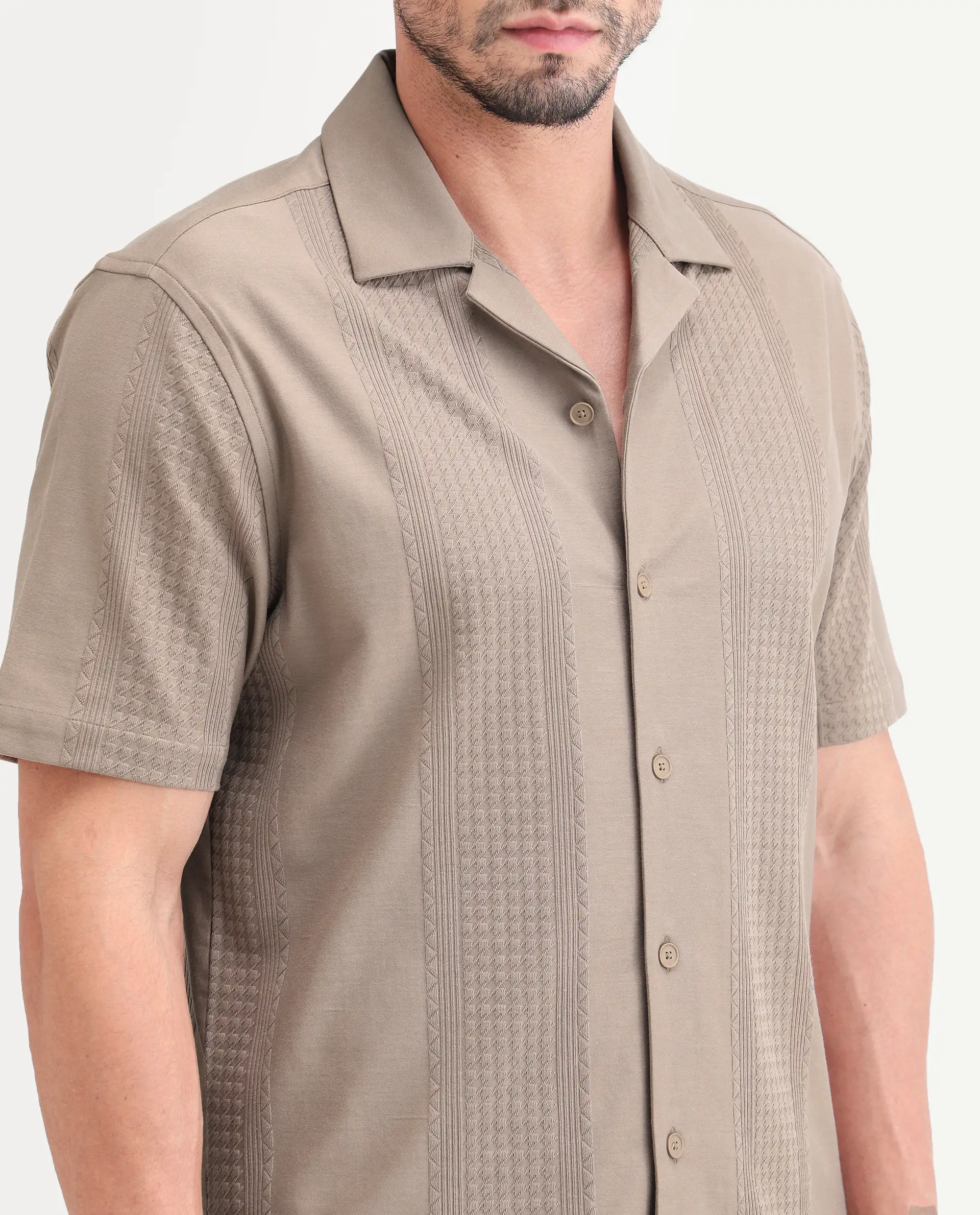 Rare Rabbit Men's Zinot Beige Cotton Blend Fabric Half Sleeve Cuban Collar Button Regular Plain Shirt - Image 3