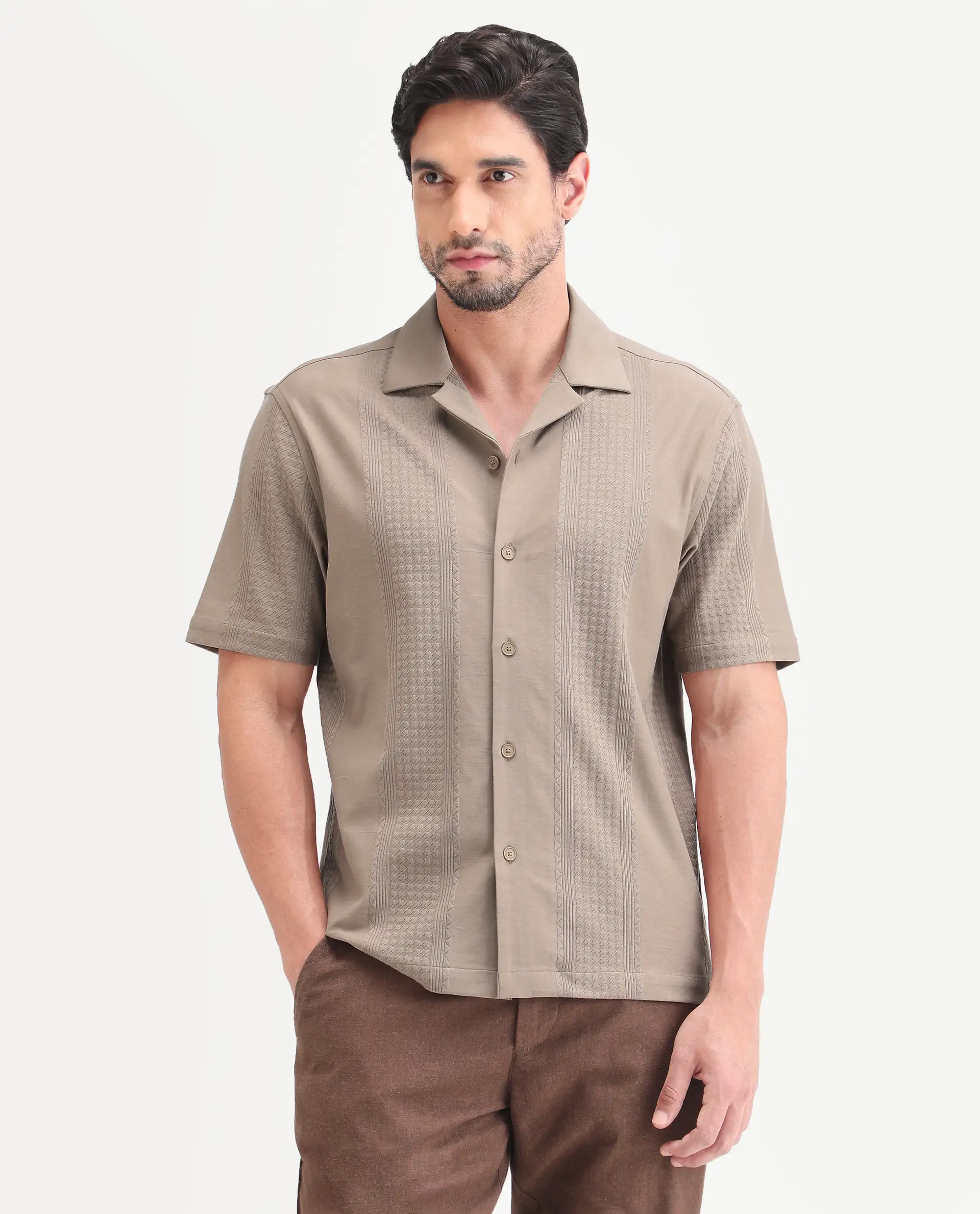 Rare Rabbit Men's Zinot Beige Cotton Blend Fabric Half Sleeve Cuban Collar Button Regular Plain Shirt - Image 4