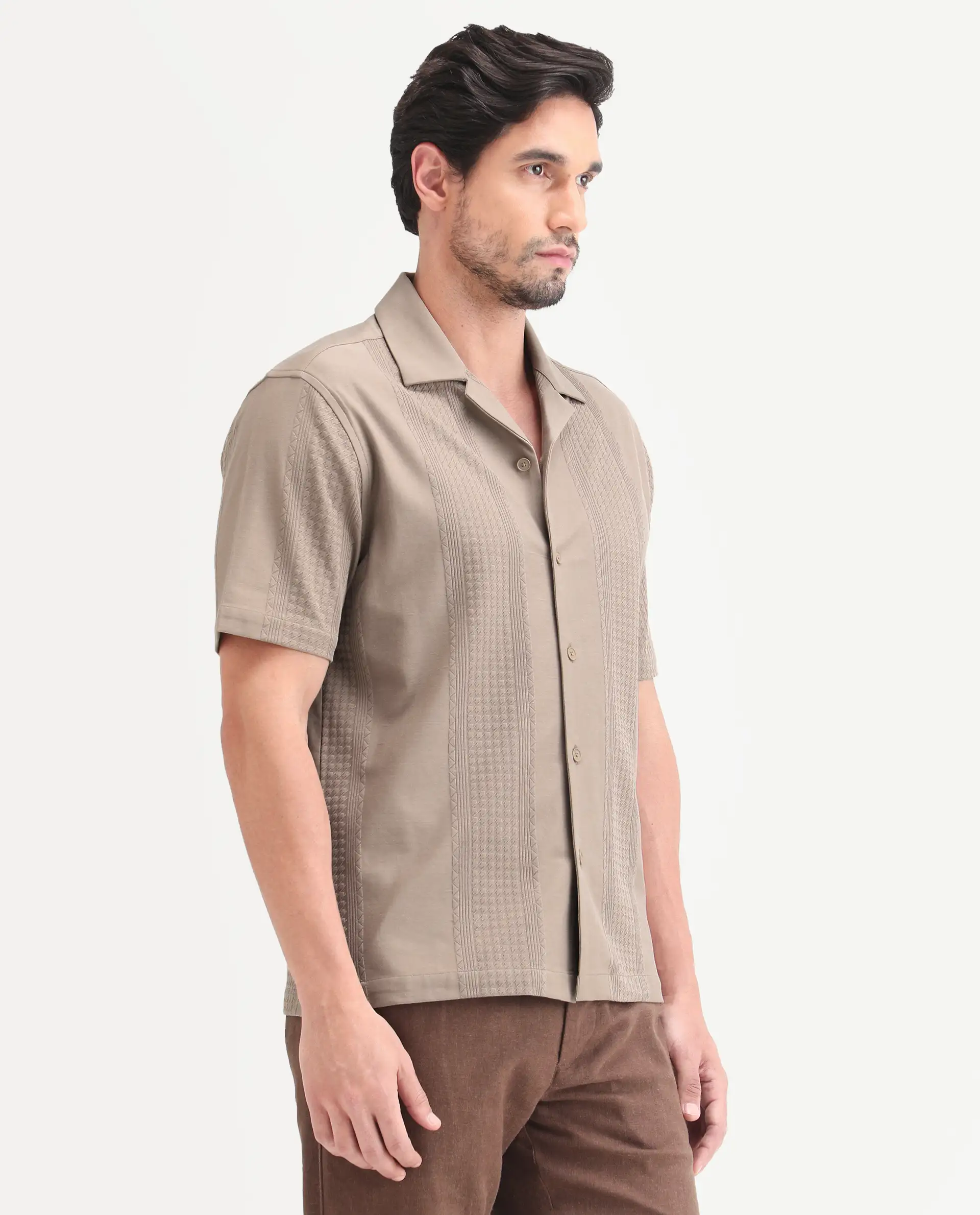 Rare Rabbit Men's Zinot Beige Cotton Blend Fabric Half Sleeve Cuban Collar Button Regular Plain Shirt - Image 5