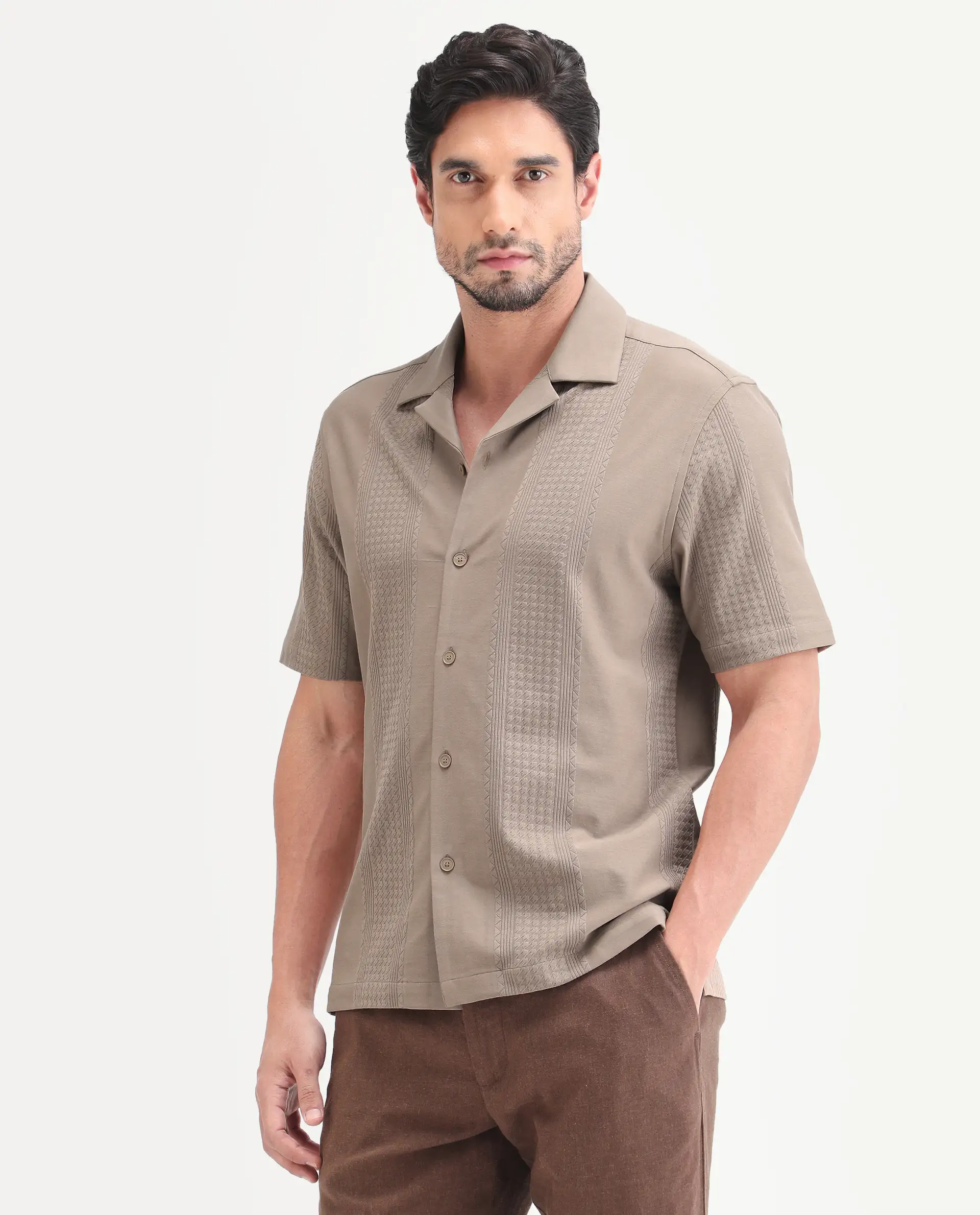 Rare Rabbit Men's Zinot Beige Cotton Blend Fabric Half Sleeve Cuban Collar Button Regular Plain Shirt - Image 6