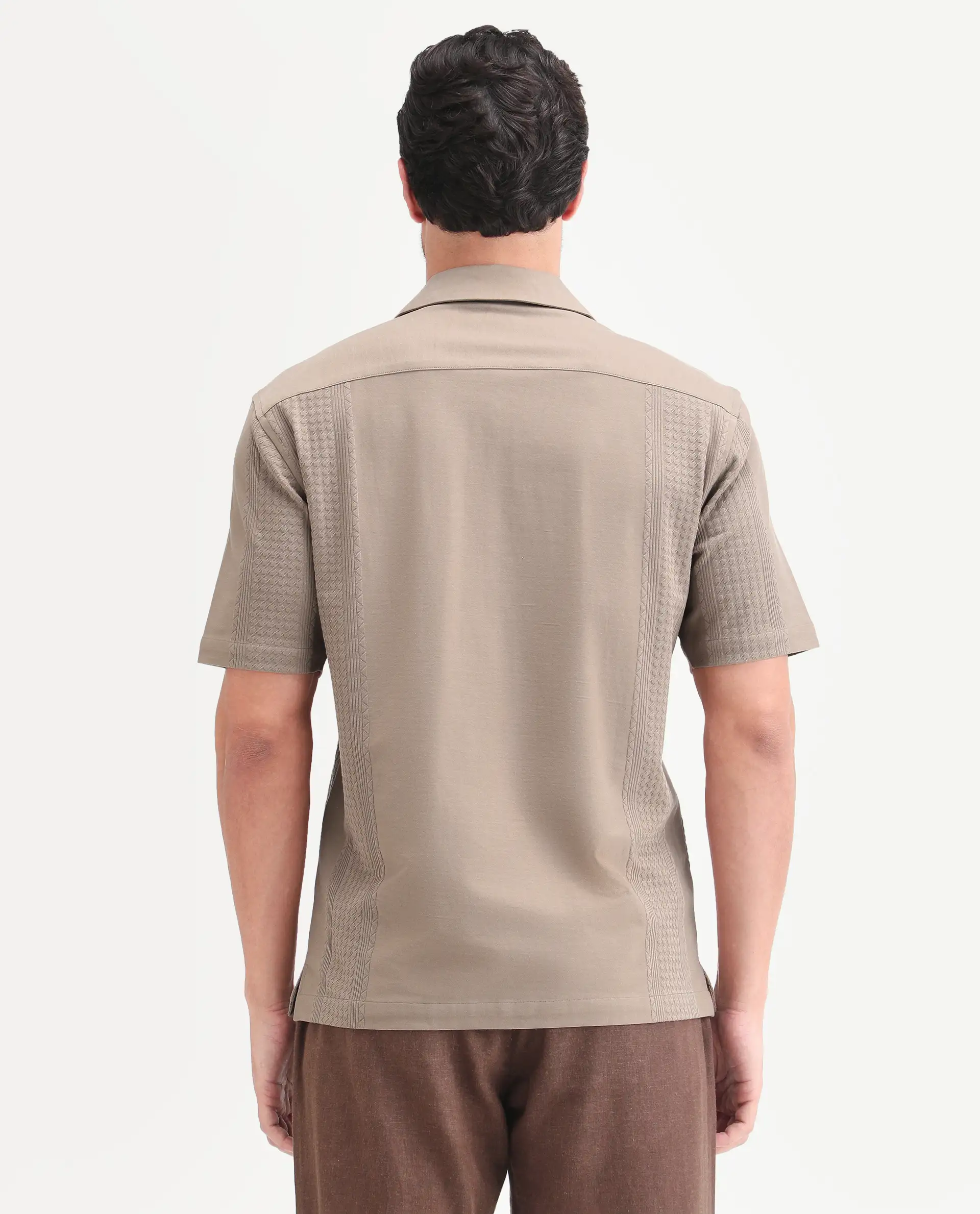 Rare Rabbit Men's Zinot Beige Cotton Blend Fabric Half Sleeve Cuban Collar Button Regular Plain Shirt - Image 7