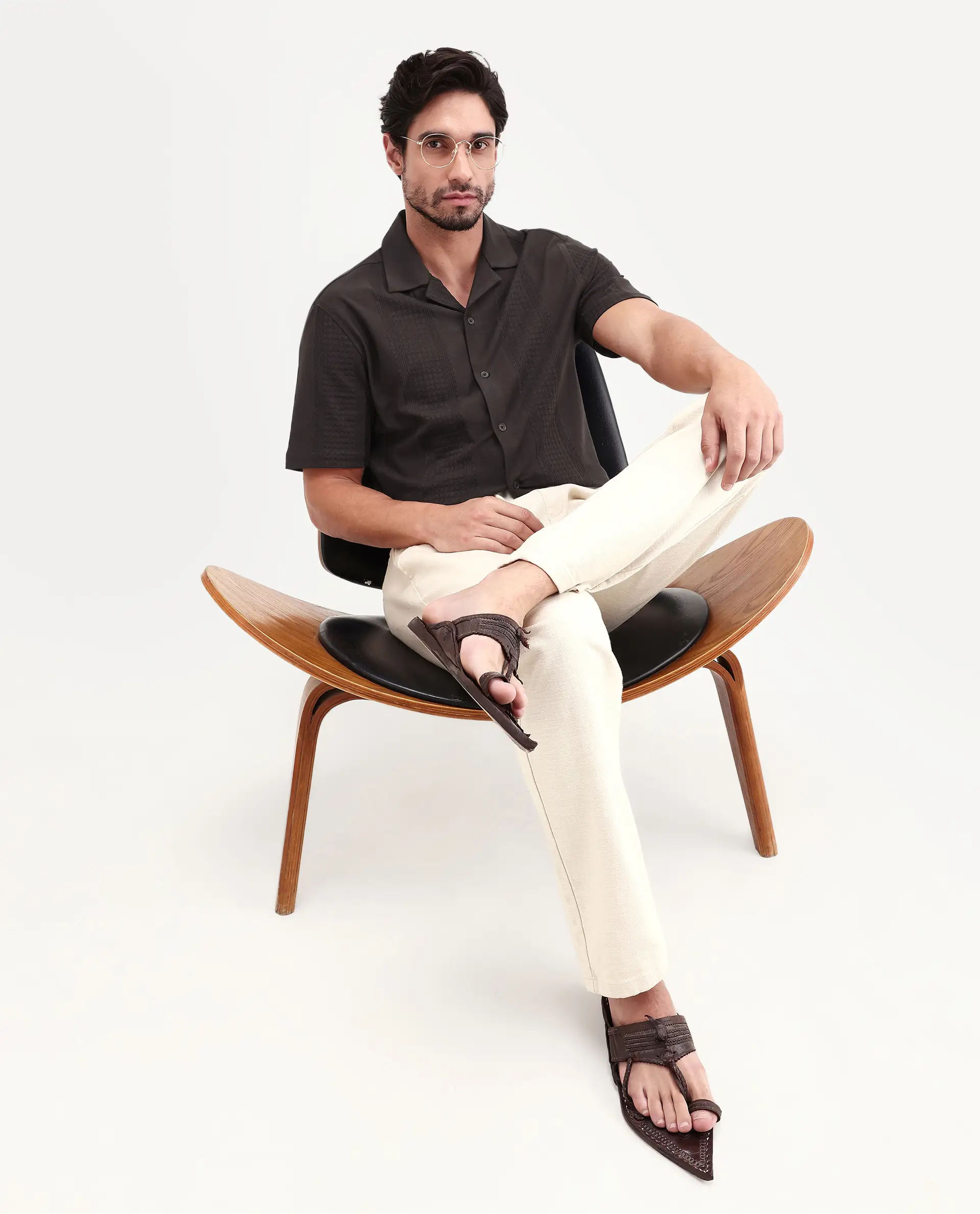 Rare Rabbit Men's Zinot Dark Brown Cotton Blend Fabric Half Sleeve Cuban Collar Button Regular Plain Shirt - Image 2