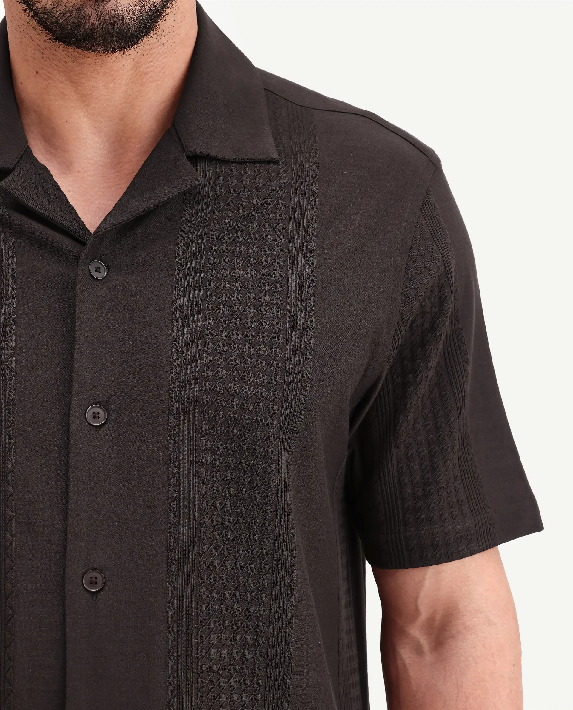 Rare Rabbit Men's Zinot Dark Brown Cotton Blend Fabric Half Sleeve Cuban Collar Button Regular Plain Shirt - Image 3