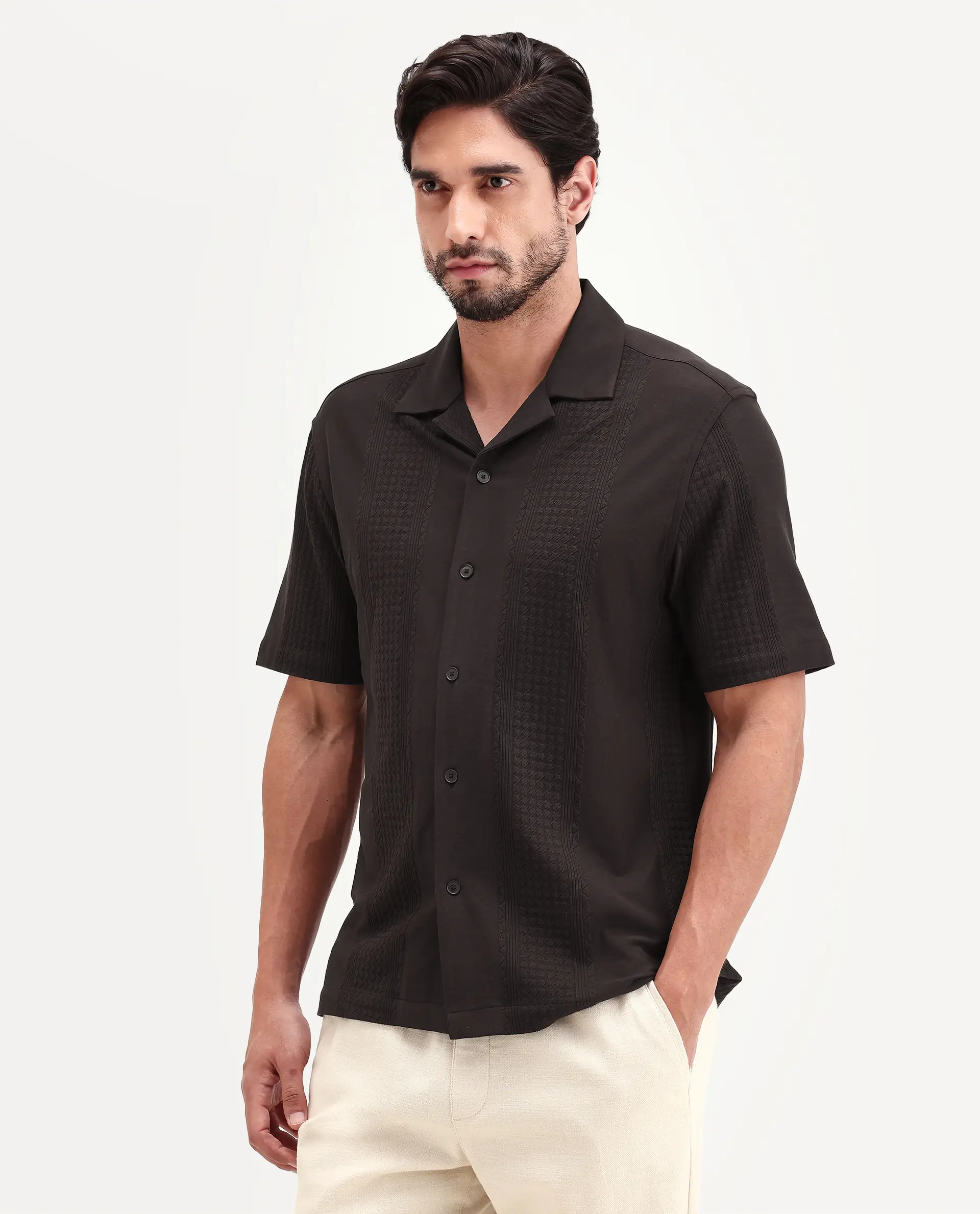 Rare Rabbit Men's Zinot Dark Brown Cotton Blend Fabric Half Sleeve Cuban Collar Button Regular Plain Shirt - Image 4