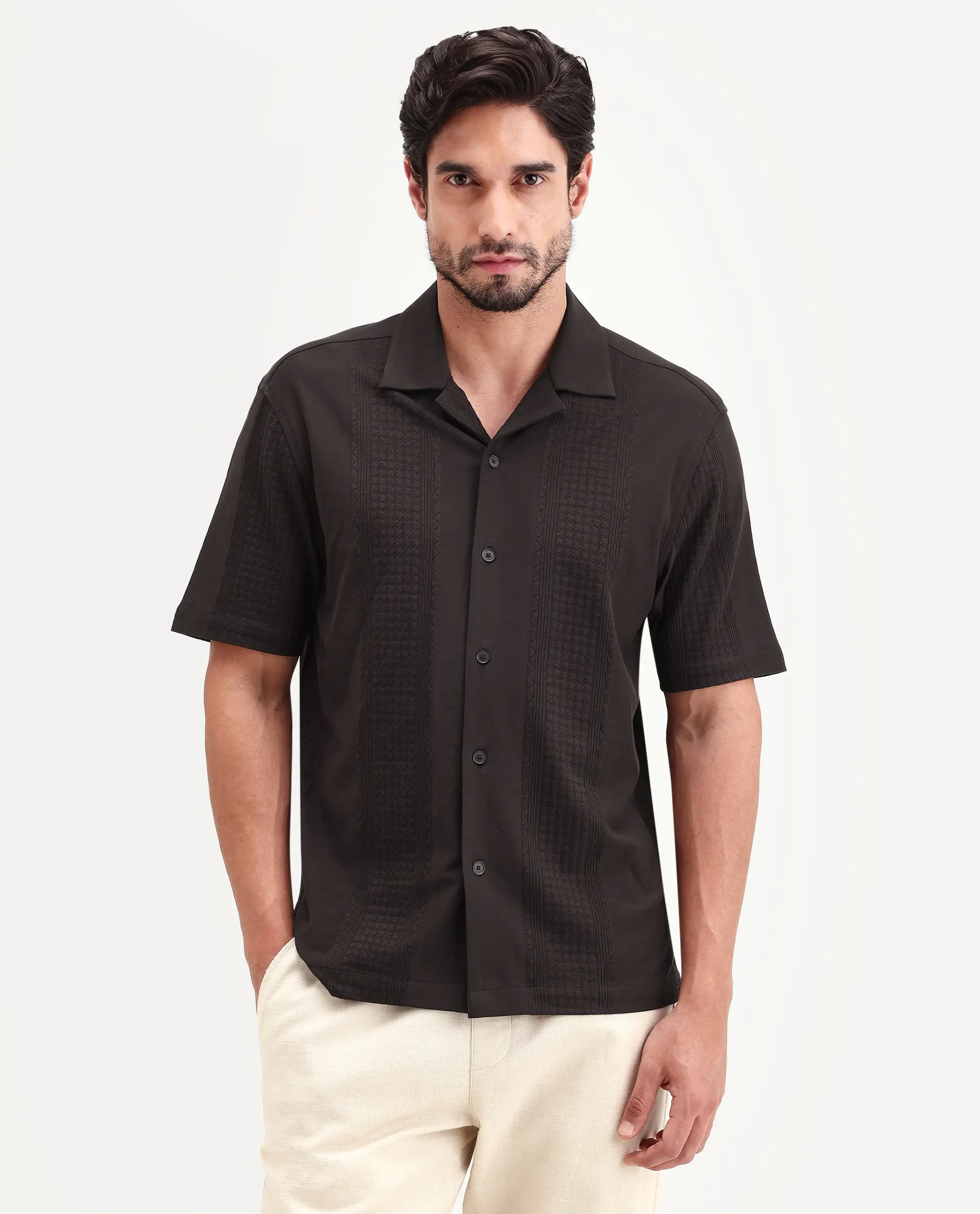 Rare Rabbit Men's Zinot Dark Brown Cotton Blend Fabric Half Sleeve Cuban Collar Button Regular Plain Shirt - Image 5