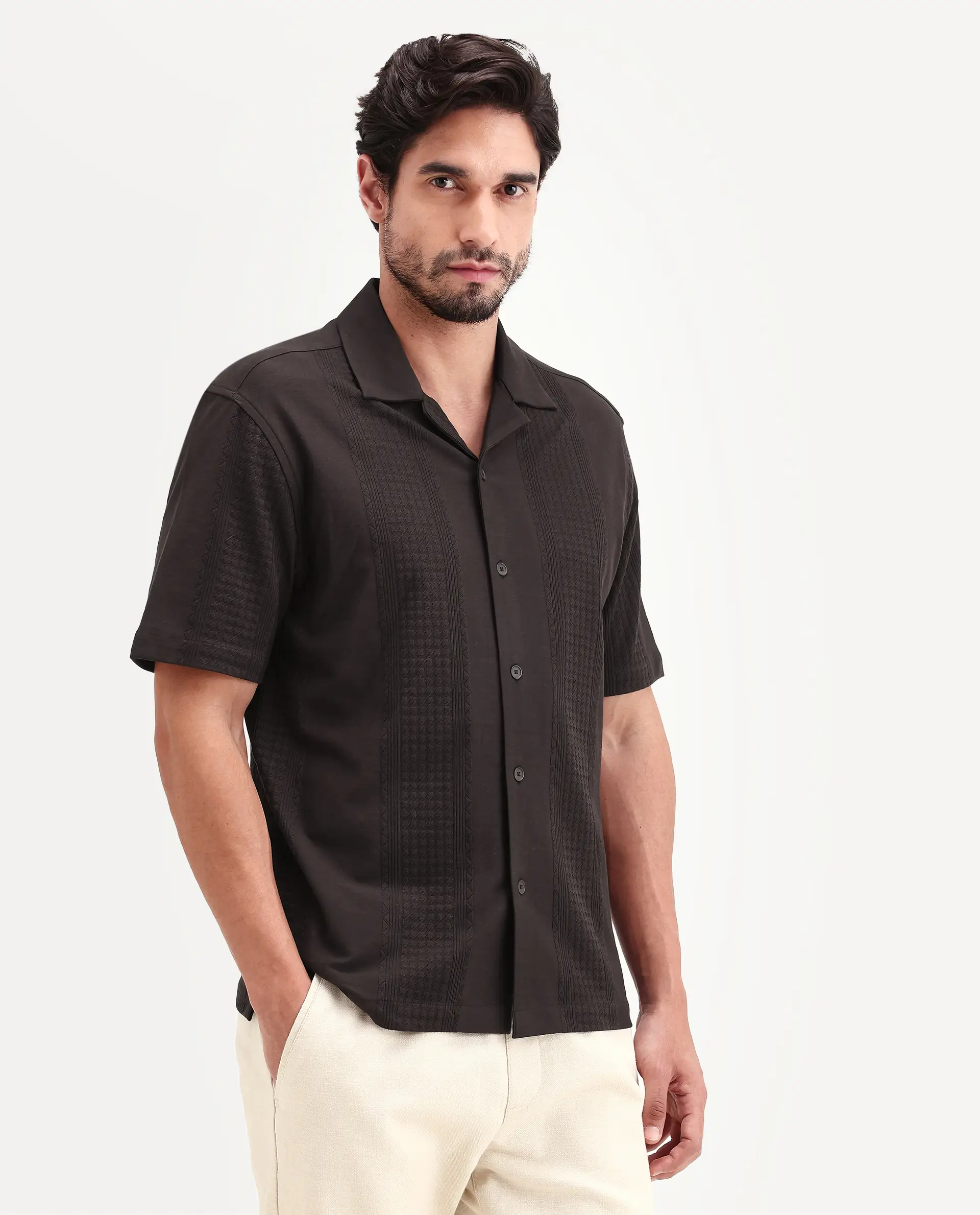 Rare Rabbit Men's Zinot Dark Brown Cotton Blend Fabric Half Sleeve Cuban Collar Button Regular Plain Shirt - Image 6