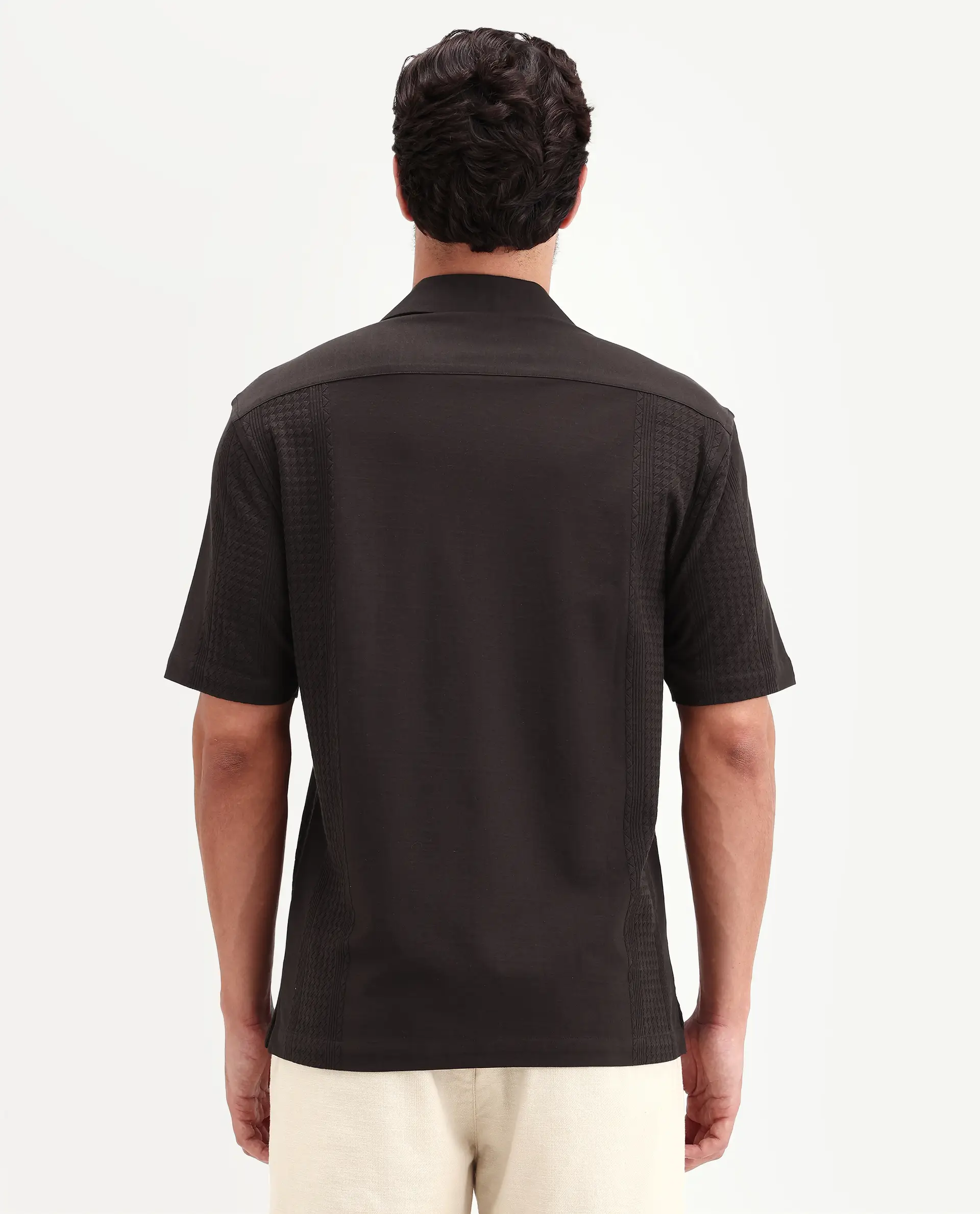 Rare Rabbit Men's Zinot Dark Brown Cotton Blend Fabric Half Sleeve Cuban Collar Button Regular Plain Shirt - Image 7
