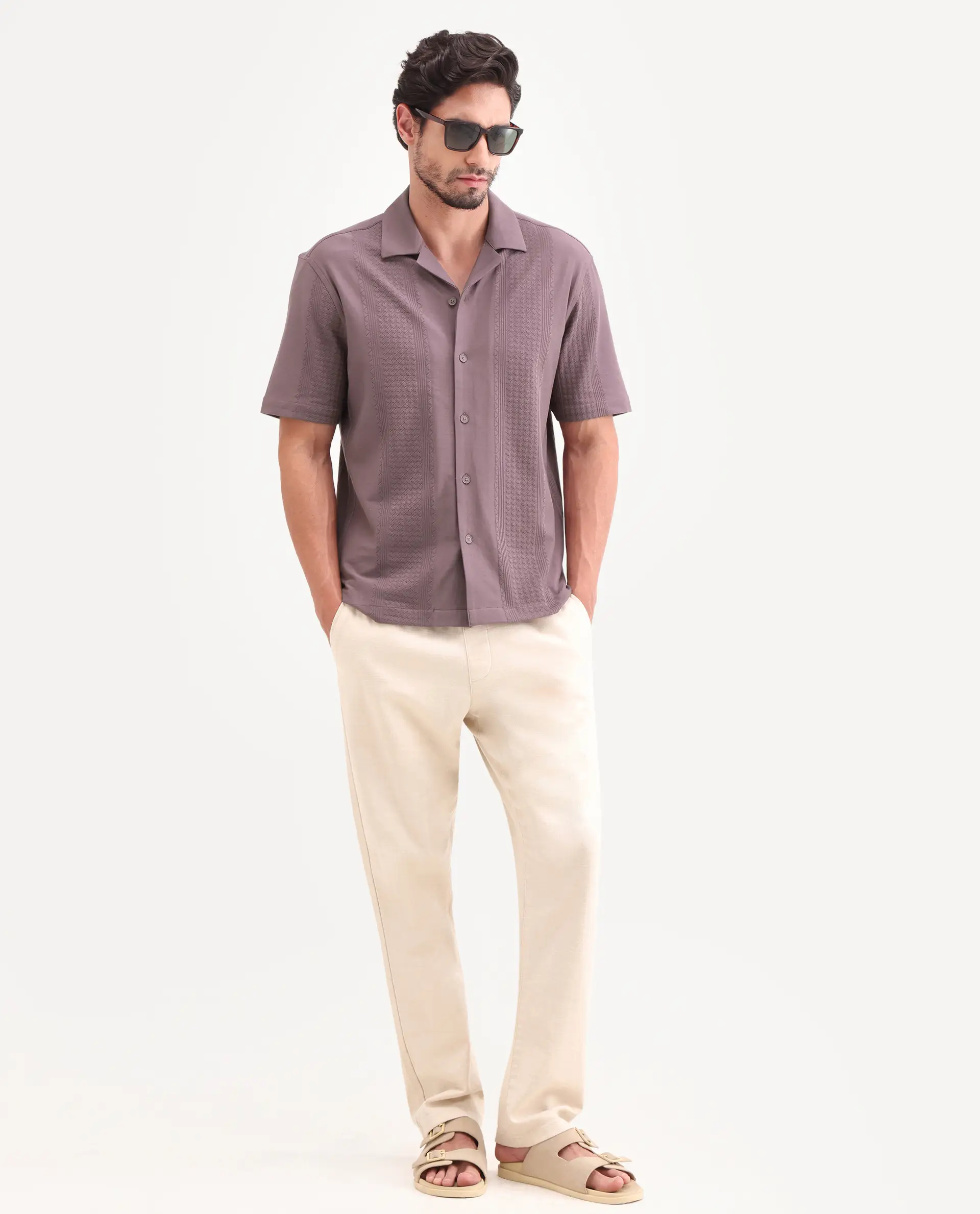 Rare Rabbit Men's Zinot Dusky Purple Cotton Blend Fabric Half Sleeve Cuban Collar Button Regular Plain Shirt - Image 2