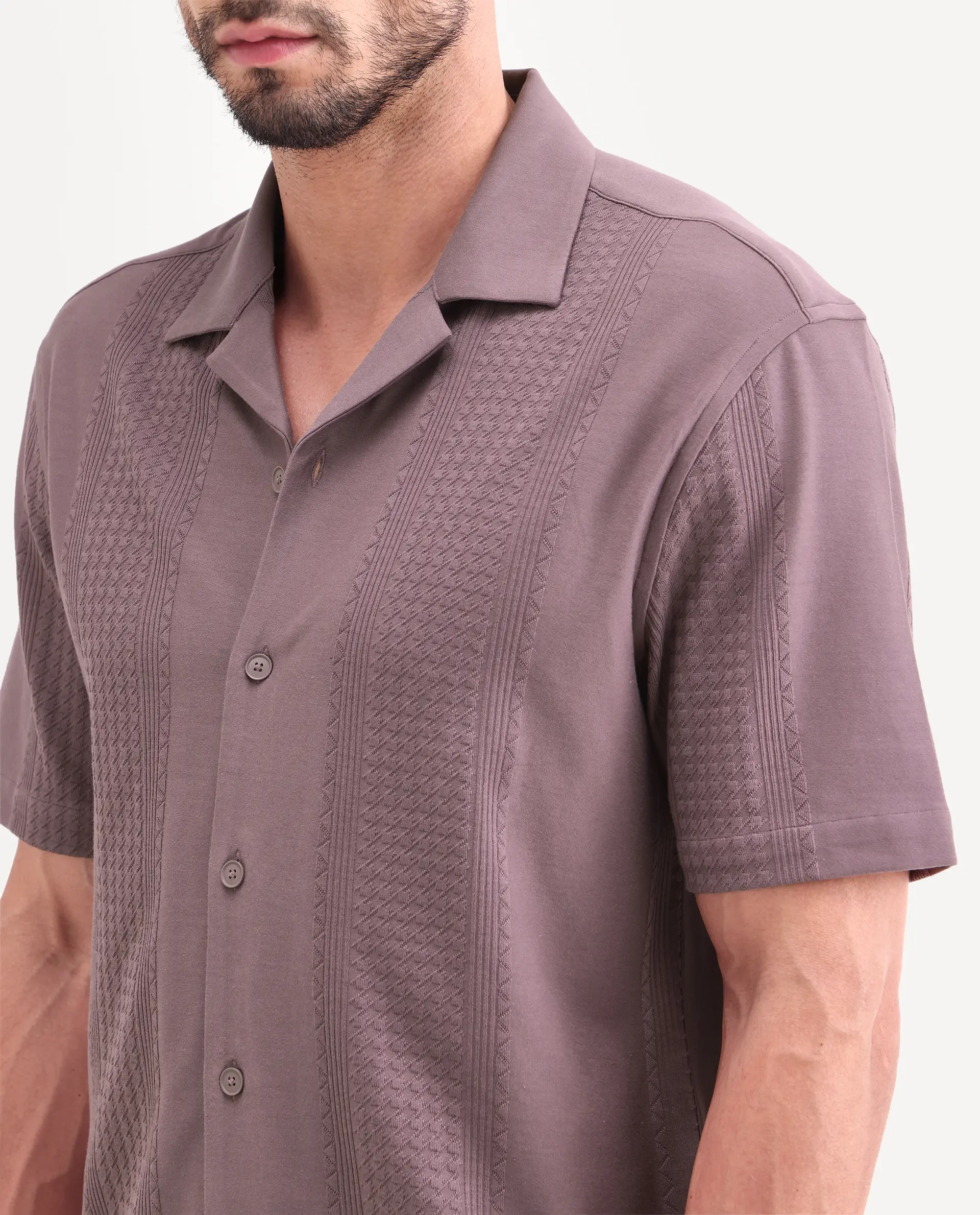 Rare Rabbit Men's Zinot Dusky Purple Cotton Blend Fabric Half Sleeve Cuban Collar Button Regular Plain Shirt - Image 3