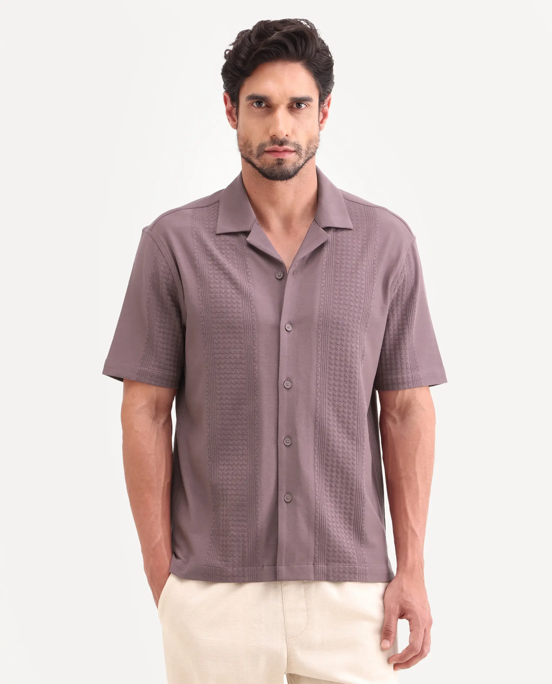 Rare Rabbit Men's Zinot Dusky Purple Cotton Blend Fabric Half Sleeve Cuban Collar Button Regular Plain Shirt - Image 4
