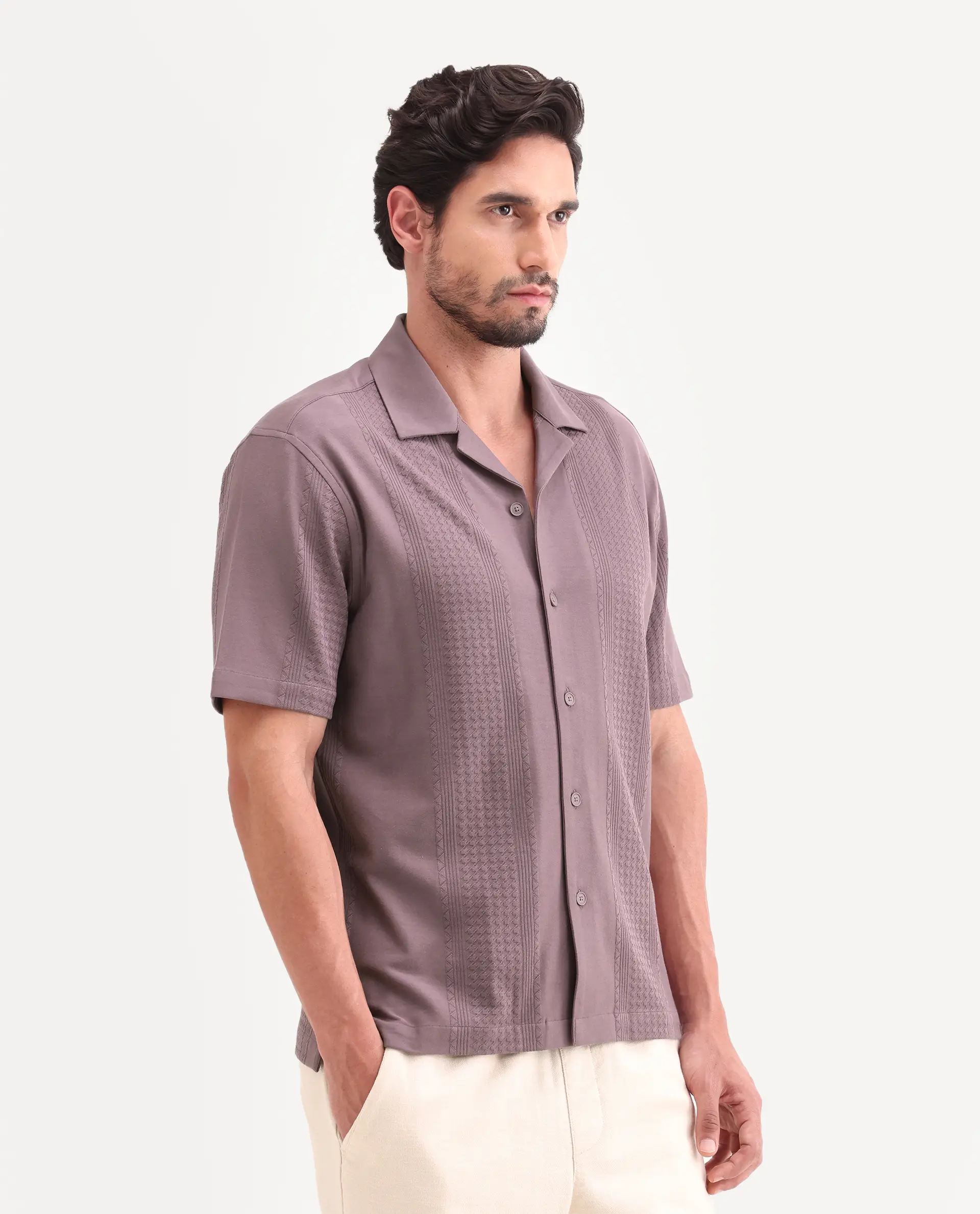 Rare Rabbit Men's Zinot Dusky Purple Cotton Blend Fabric Half Sleeve Cuban Collar Button Regular Plain Shirt - Image 5