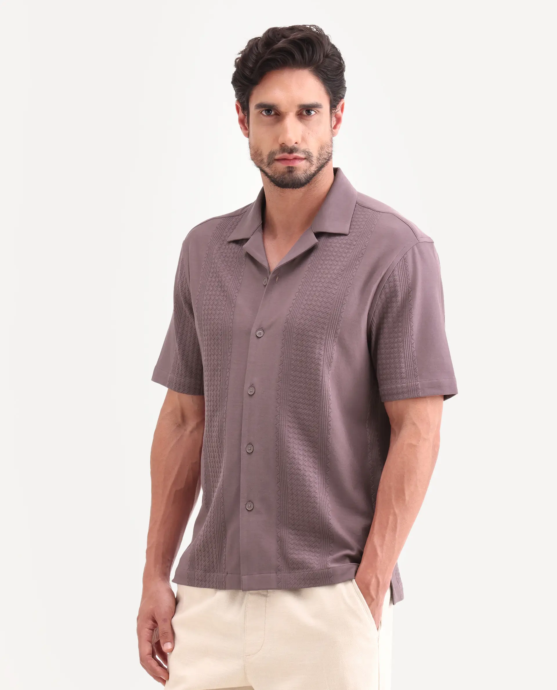Rare Rabbit Men's Zinot Dusky Purple Cotton Blend Fabric Half Sleeve Cuban Collar Button Regular Plain Shirt - Image 6