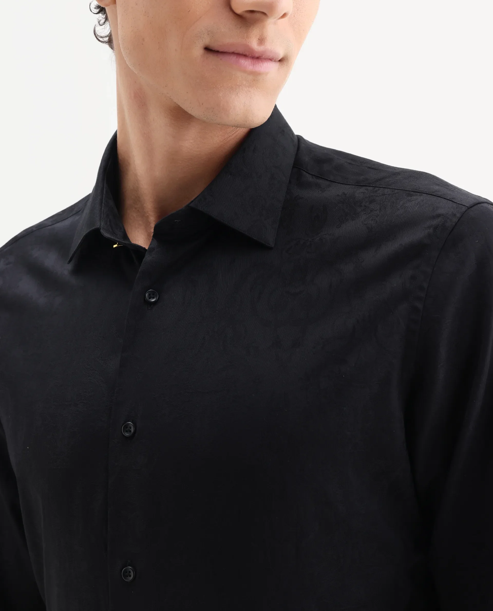 Rare Rabbit Men's Zinq Black Cotton Fabric Spread Collar Regular Fit Jacquard Shirt - Image 3
