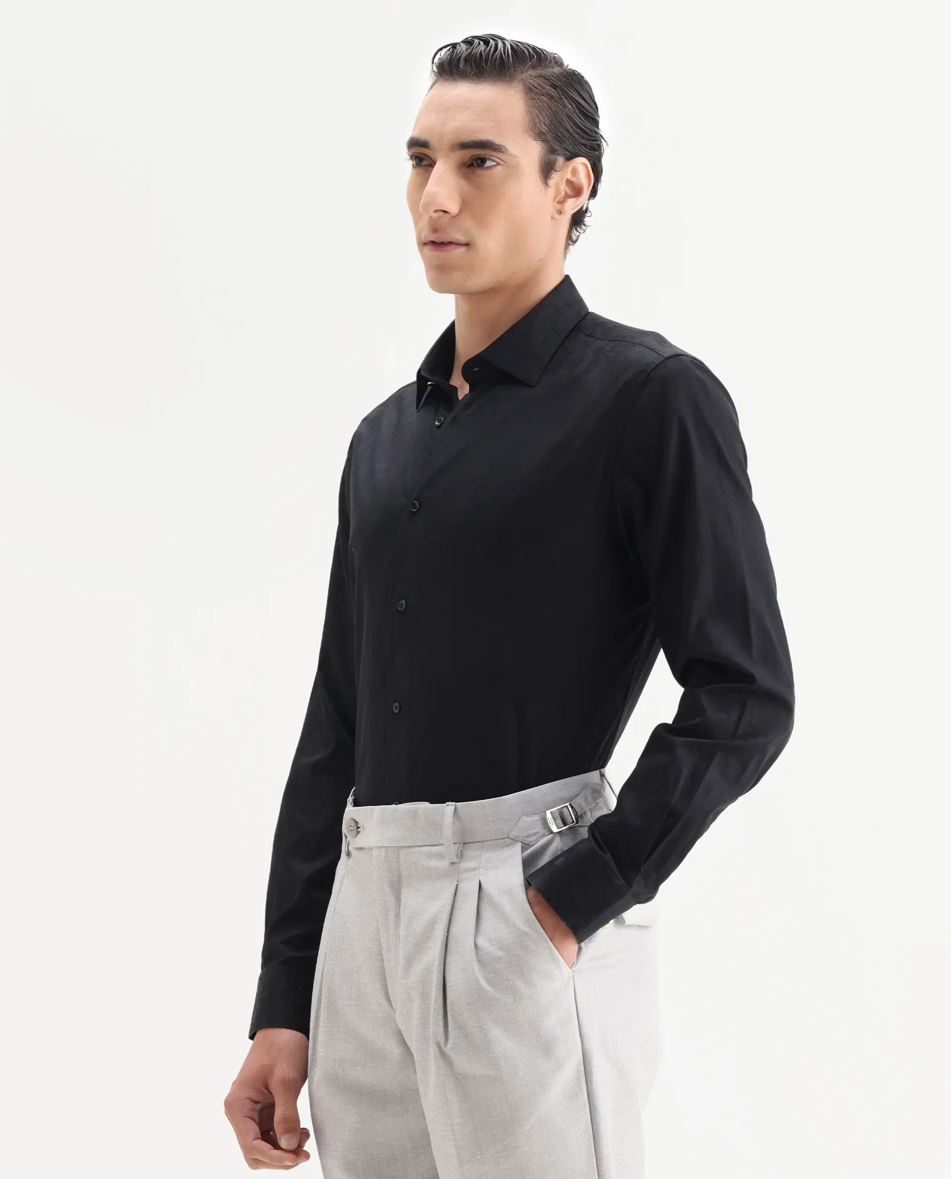 Rare Rabbit Men's Zinq Black Cotton Fabric Spread Collar Regular Fit Jacquard Shirt - Image 4