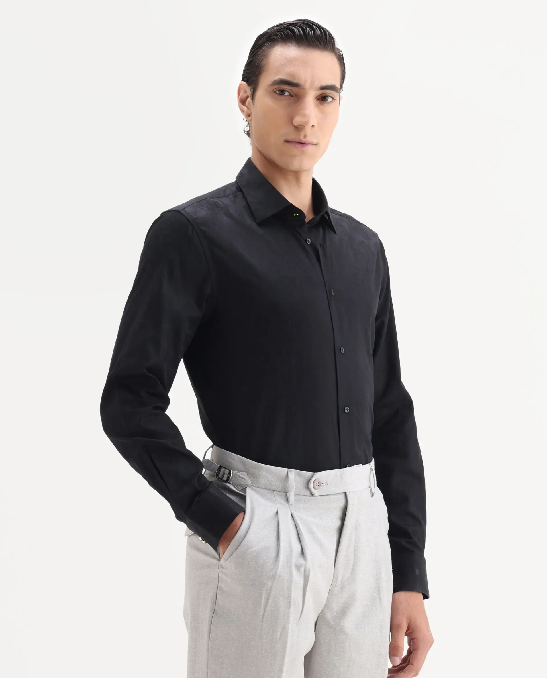 Rare Rabbit Men's Zinq Black Cotton Fabric Spread Collar Regular Fit Jacquard Shirt - Image 5