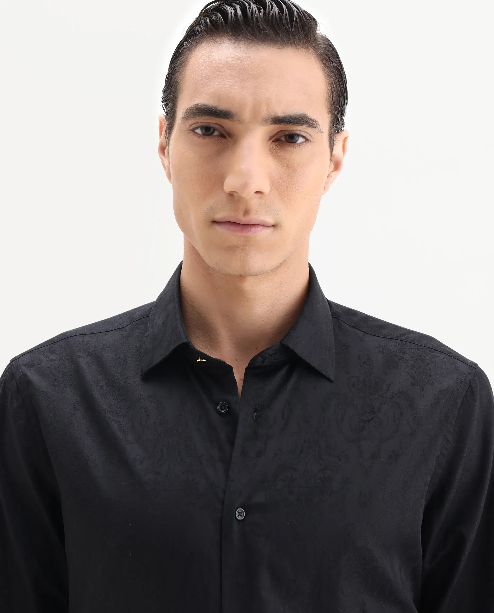 Rare Rabbit Men's Zinq Black Cotton Fabric Spread Collar Regular Fit Jacquard Shirt - Image 6