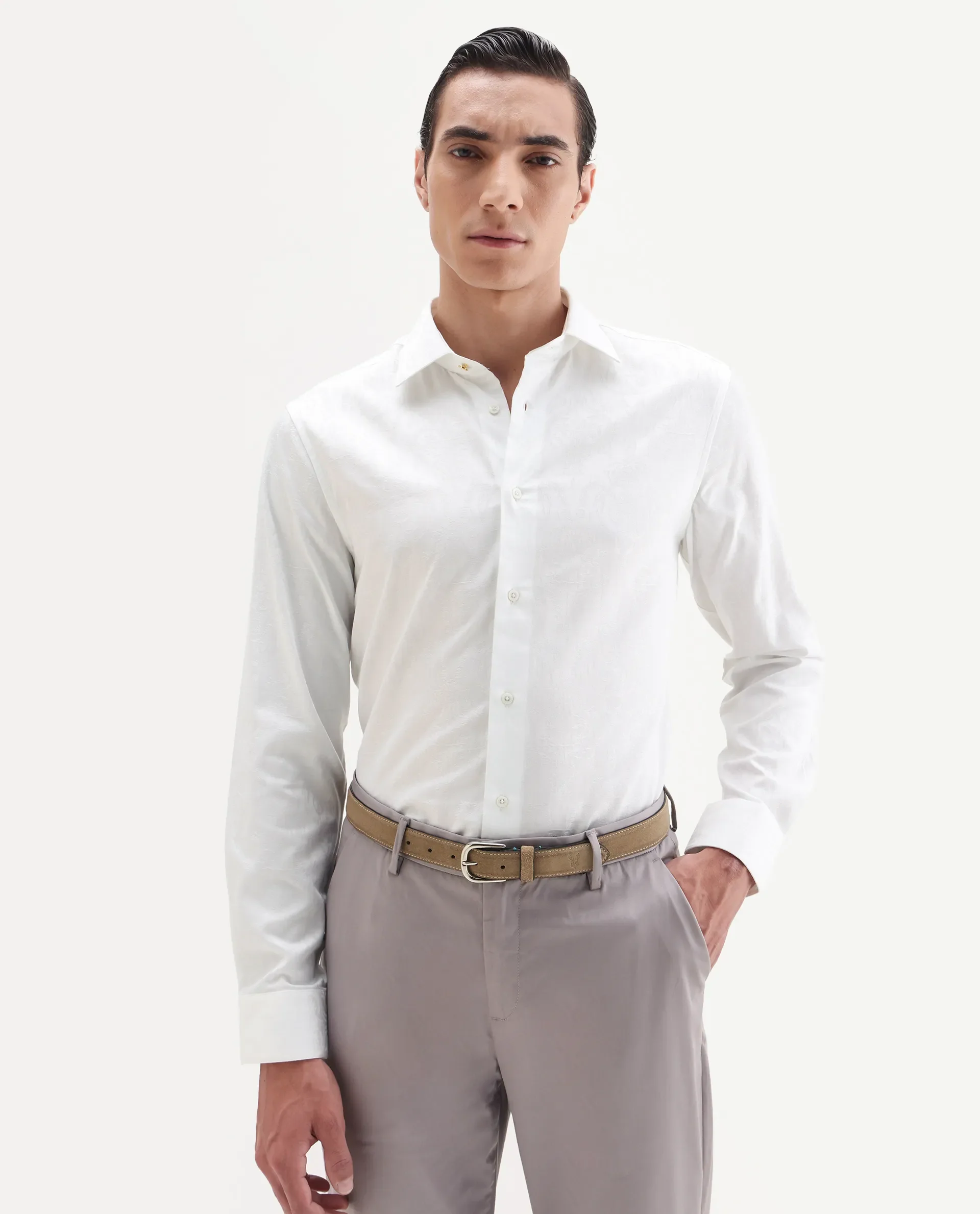 Rare Rabbit Men's Zinq White Cotton Fabric Spread Collar Regular Fit Jacquard Shirt - Image 2