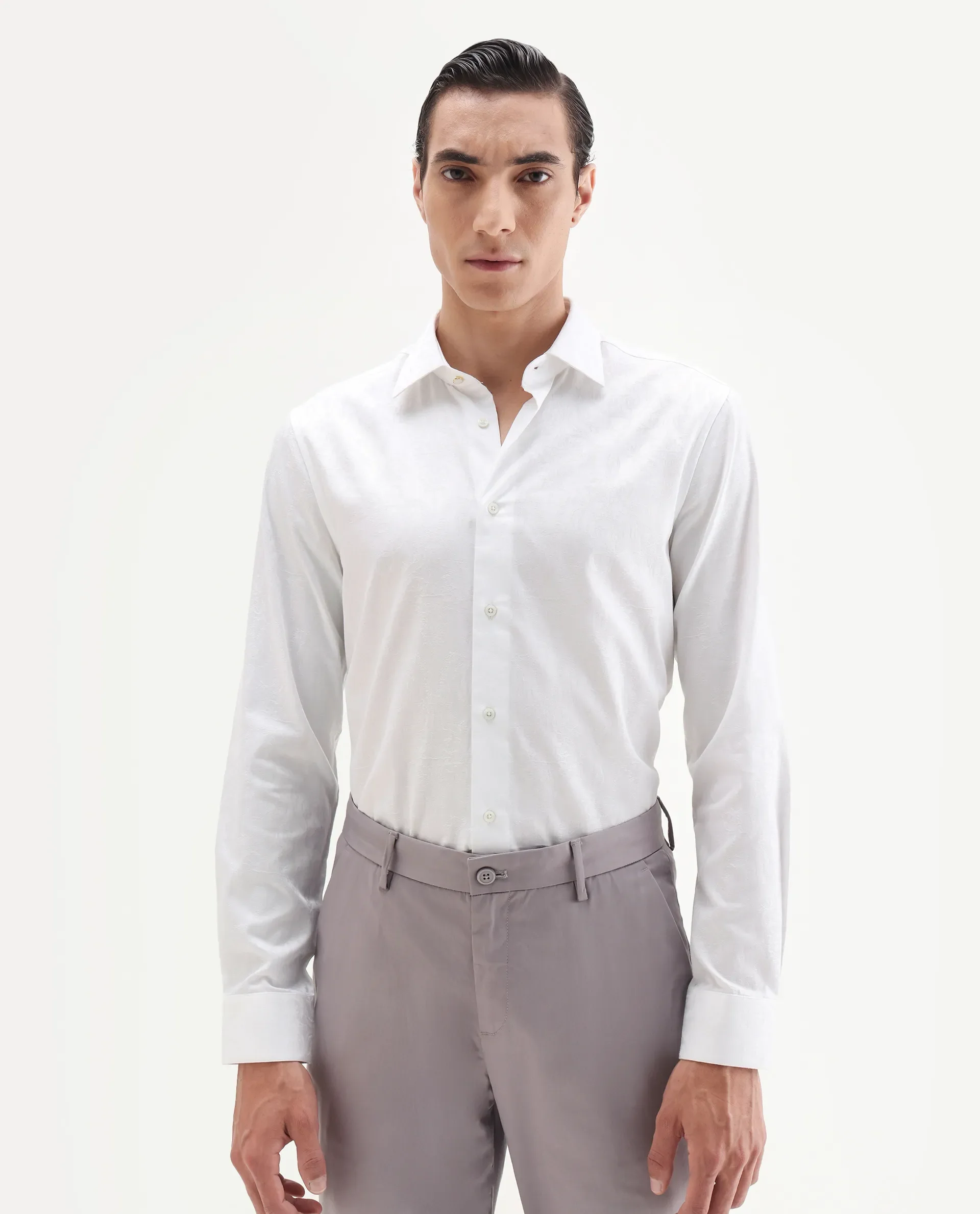 Rare Rabbit Men's Zinq White Cotton Fabric Spread Collar Regular Fit Jacquard Shirt - Image 4