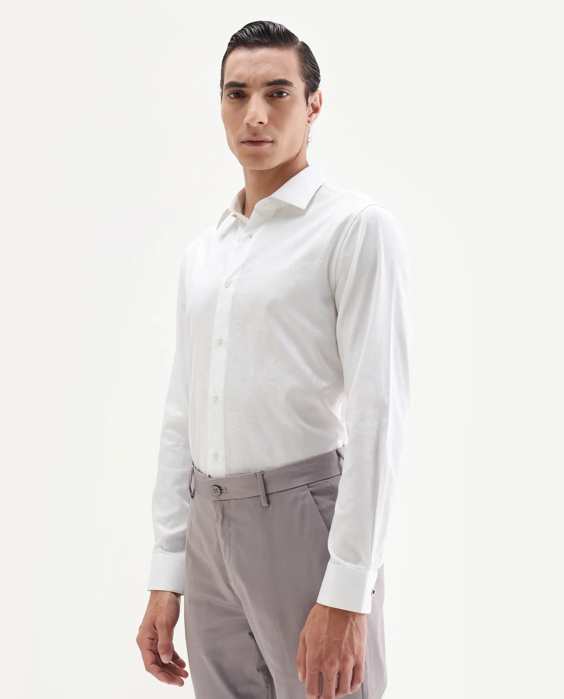 Rare Rabbit Men's Zinq White Cotton Fabric Spread Collar Regular Fit Jacquard Shirt - Image 5