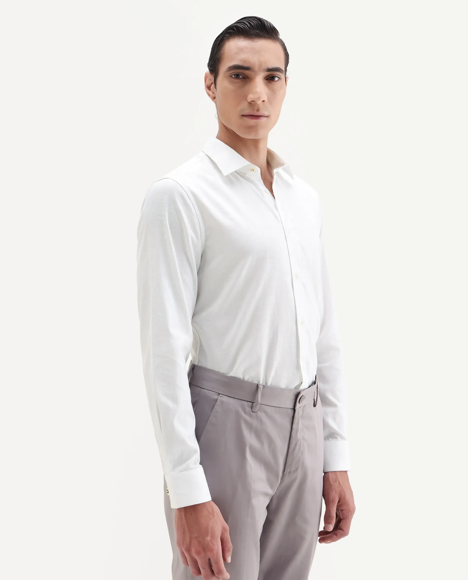 Rare Rabbit Men's Zinq White Cotton Fabric Spread Collar Regular Fit Jacquard Shirt - Image 6