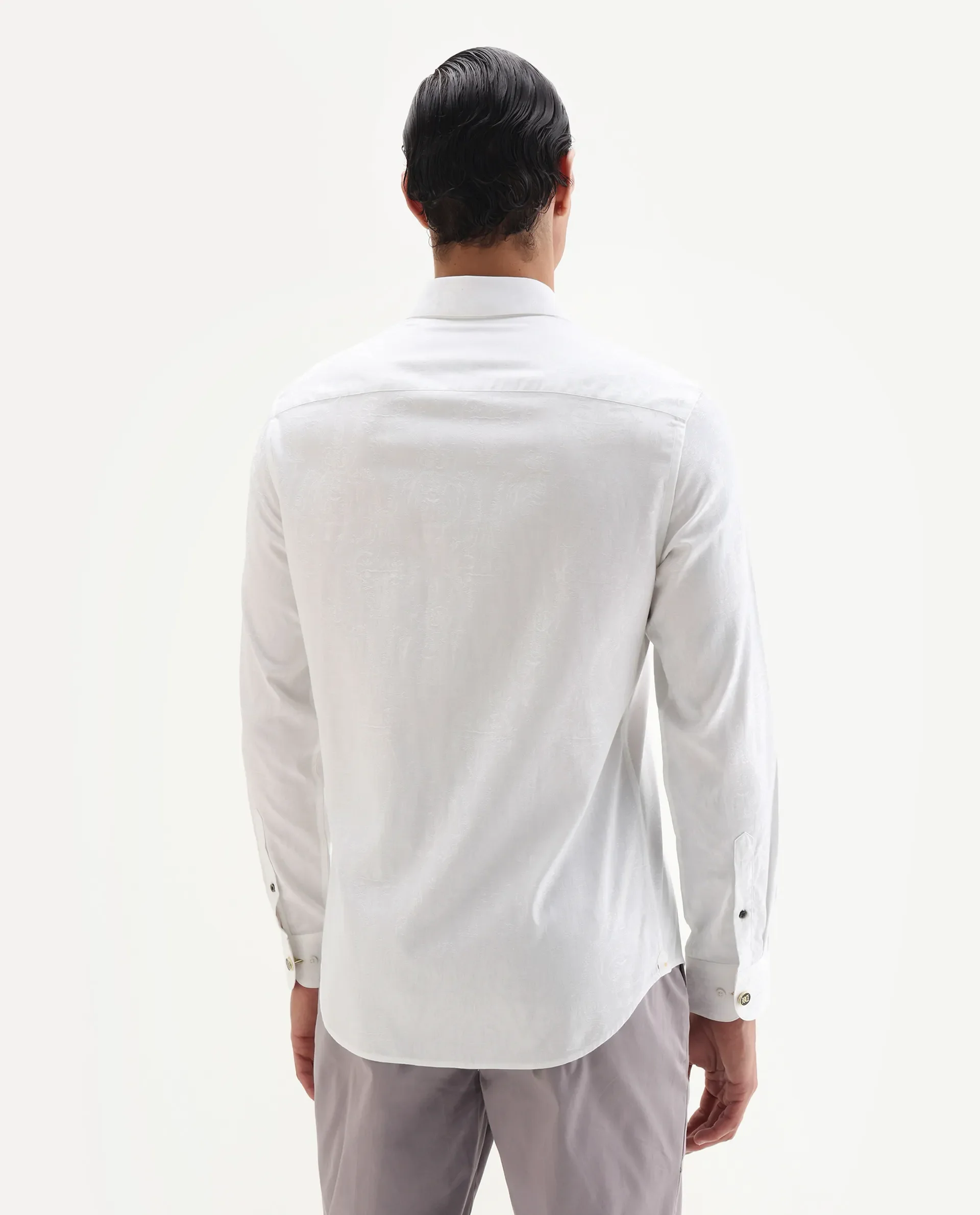 Rare Rabbit Men's Zinq White Cotton Fabric Spread Collar Regular Fit Jacquard Shirt - Image 7