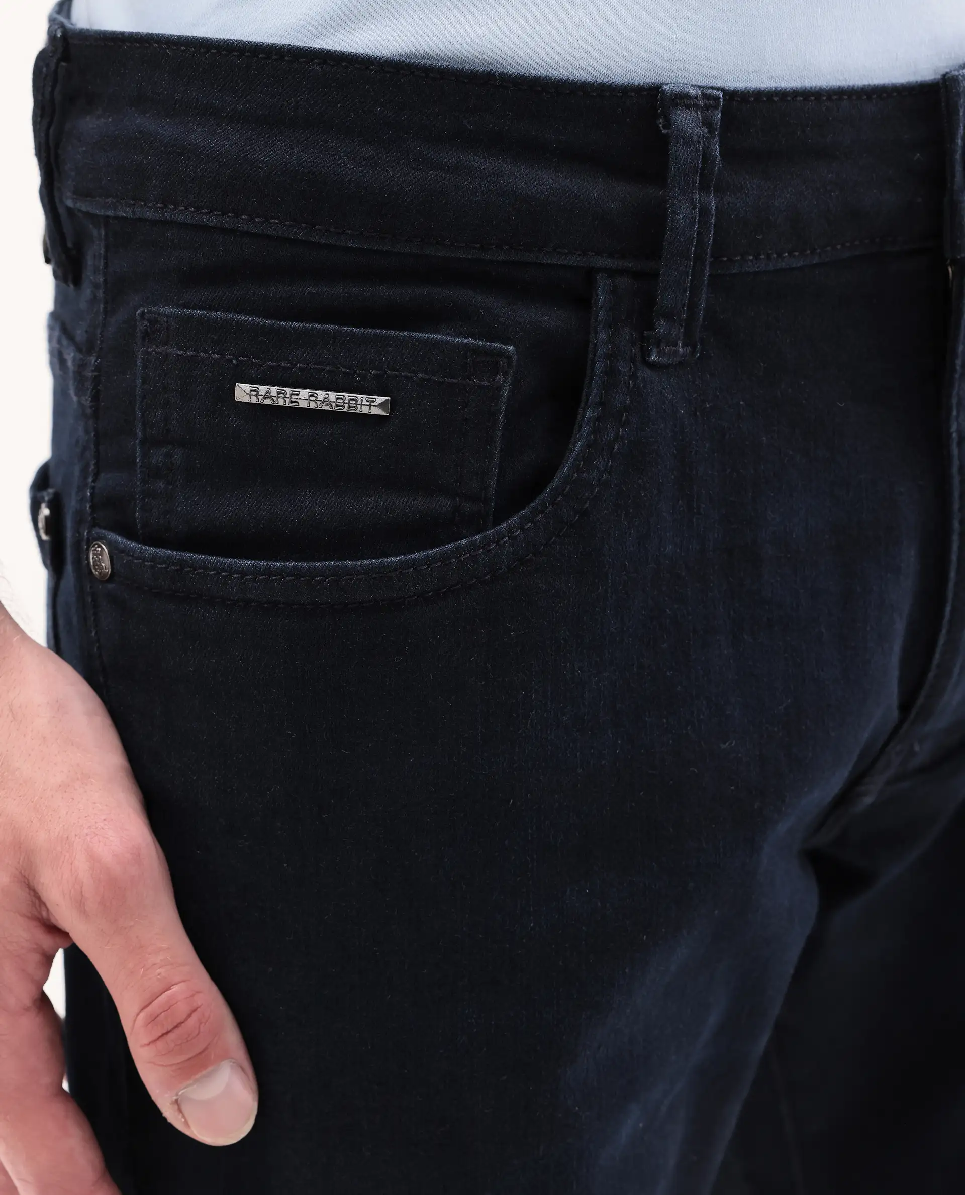 Rare Rabbit Men's Zint Dark Navy Cotton Blend Fabric Shank And Zipper Hawk Slim Plain Jeans - Image 3