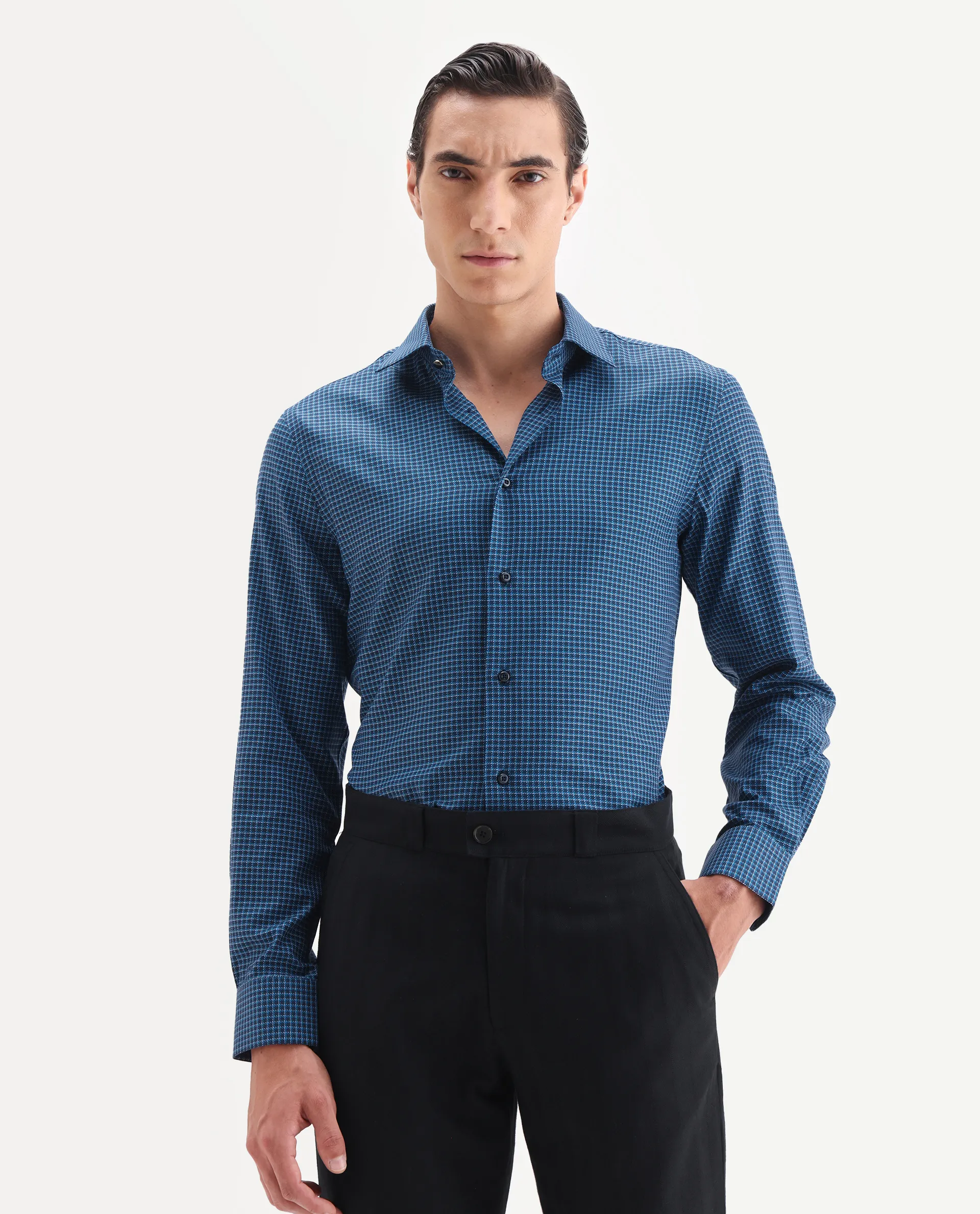 Rare Rabbit Men's Zint Navy Cotton Fabric Full Sleeve Regular Fit Checks Shirt - Image 3