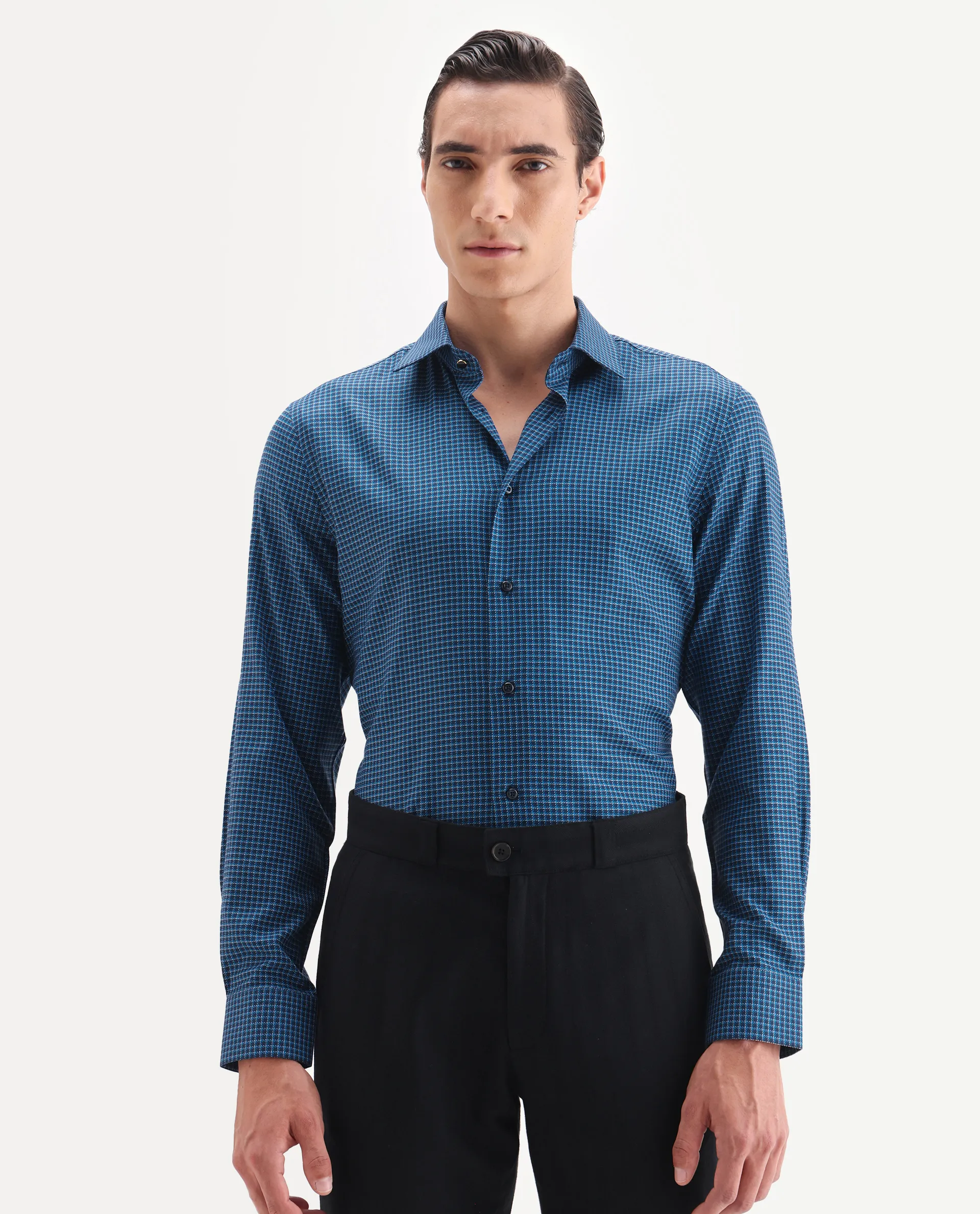 Rare Rabbit Men's Zint Navy Cotton Fabric Full Sleeve Regular Fit Checks Shirt - Image 4