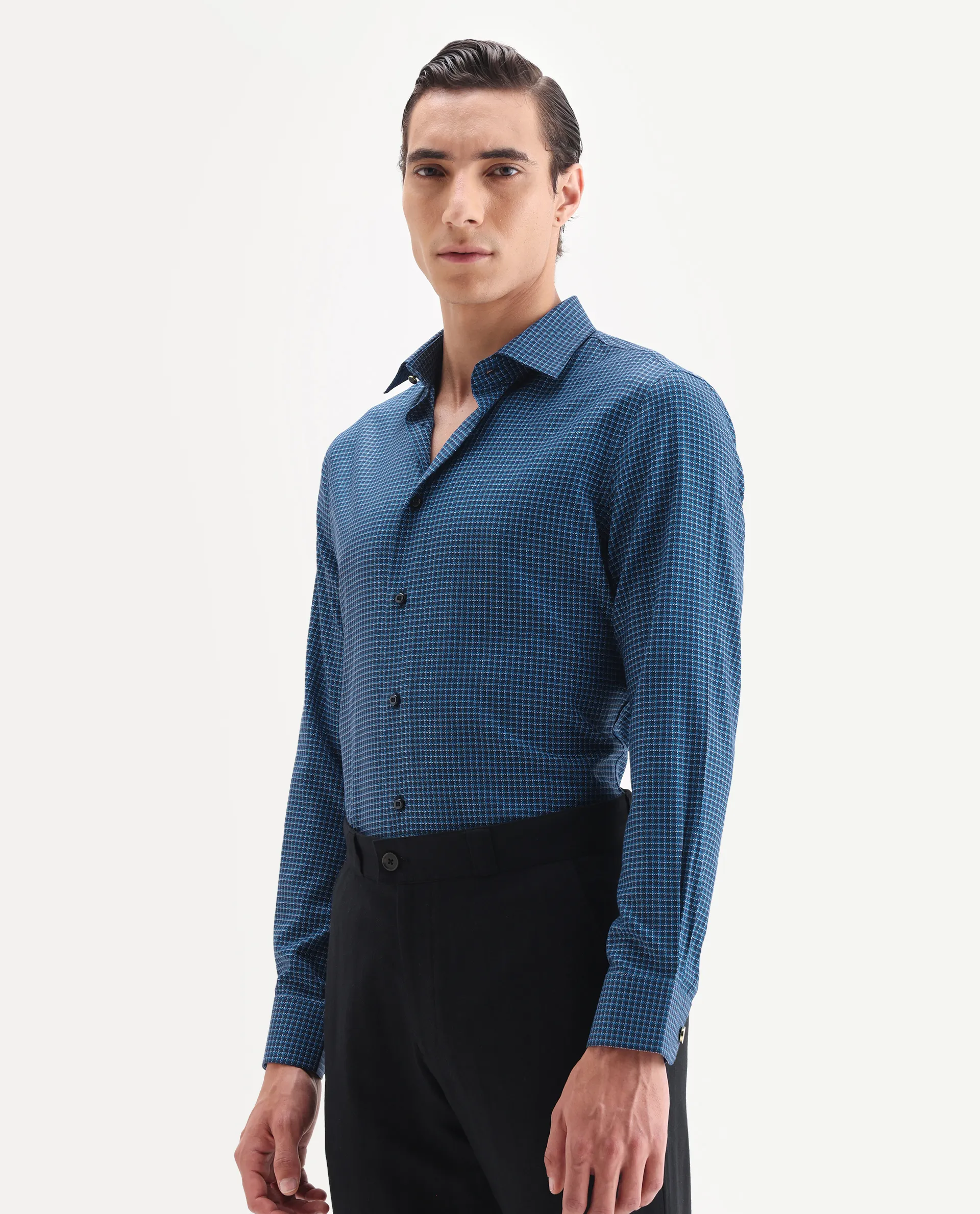 Rare Rabbit Men's Zint Navy Cotton Fabric Full Sleeve Regular Fit Checks Shirt - Image 5