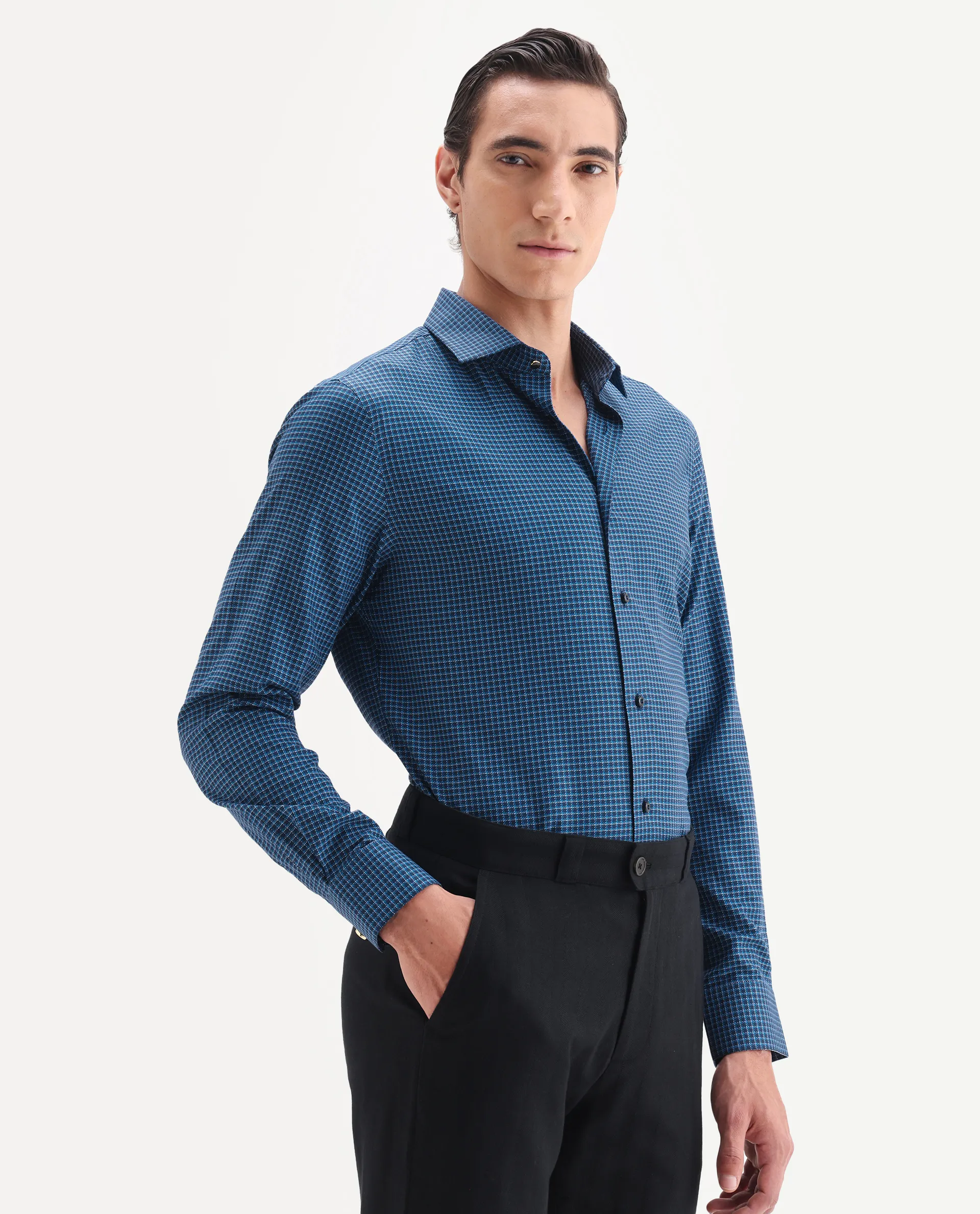 Rare Rabbit Men's Zint Navy Cotton Fabric Full Sleeve Regular Fit Checks Shirt - Image 6