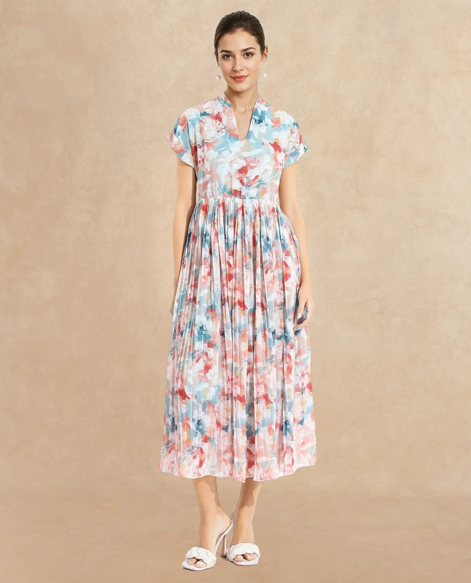 Rareism Women's Zinuzu Light Multi Polyester V-Neck Floral Print Extended Sleeves Midi Fit And Flare Dress
