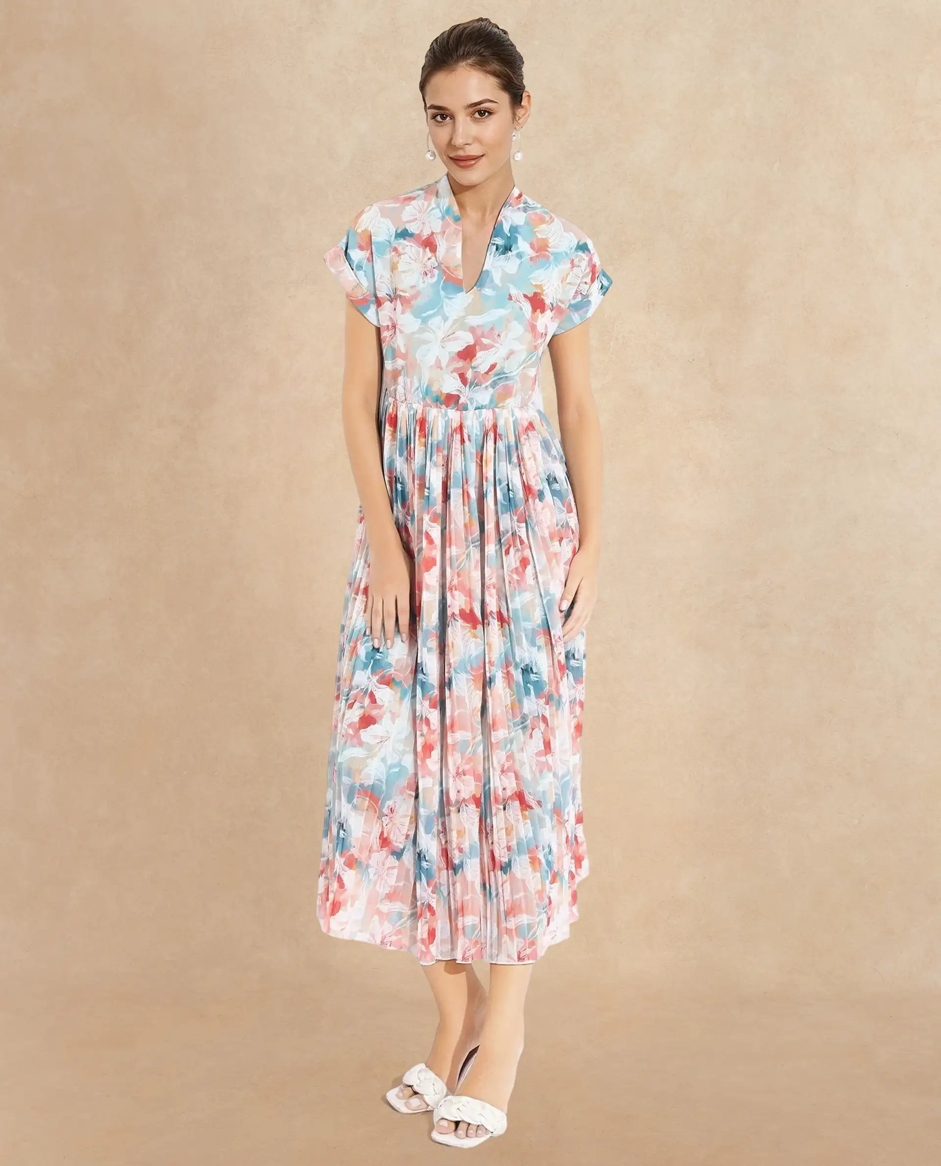 Rareism Women's Zinuzu Light Multi Polyester V-Neck Floral Print Extended Sleeves Midi Fit And Flare Dress - Image 2