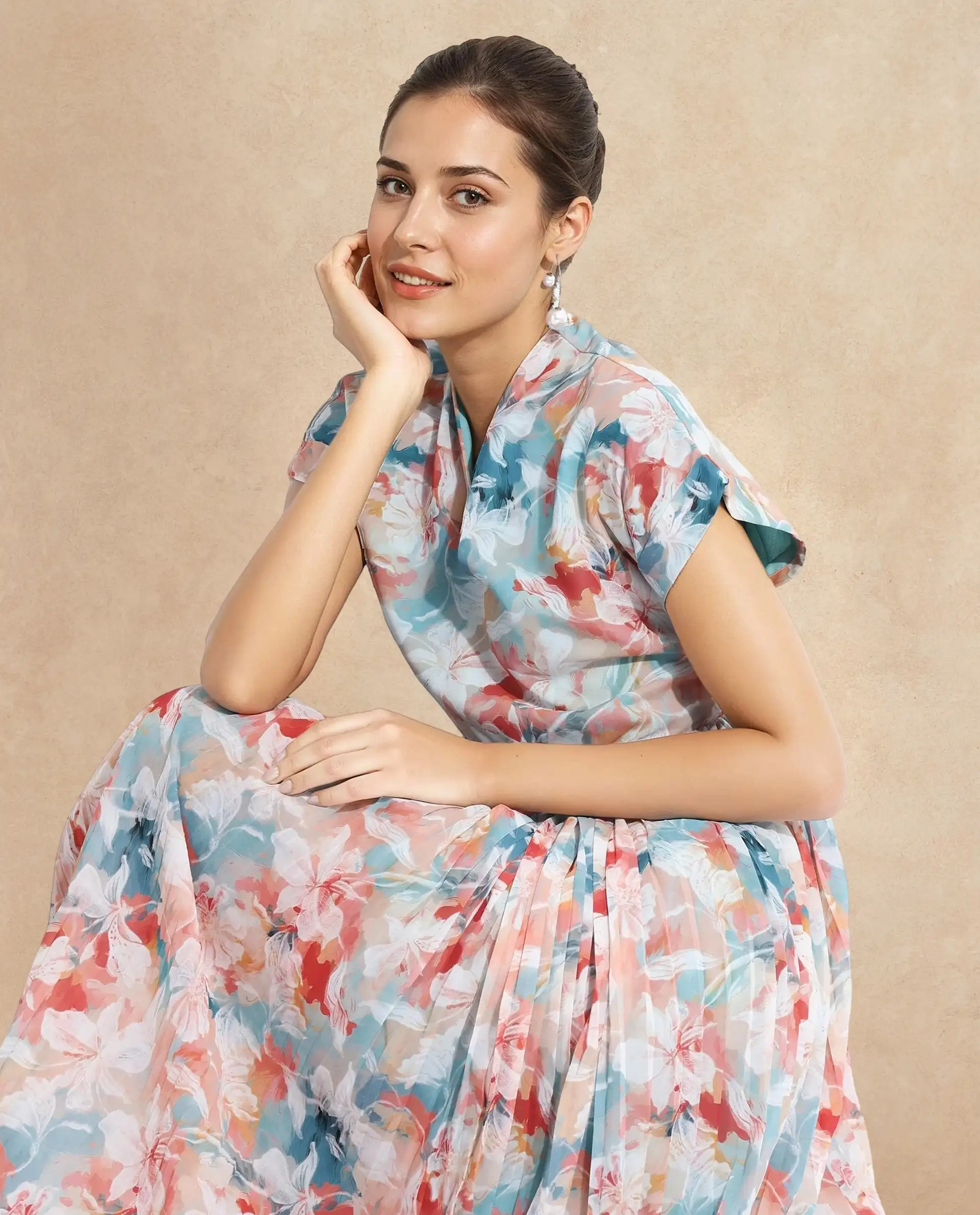 Rareism Women's Zinuzu Light Multi Polyester V-Neck Floral Print Extended Sleeves Midi Fit And Flare Dress - Image 3
