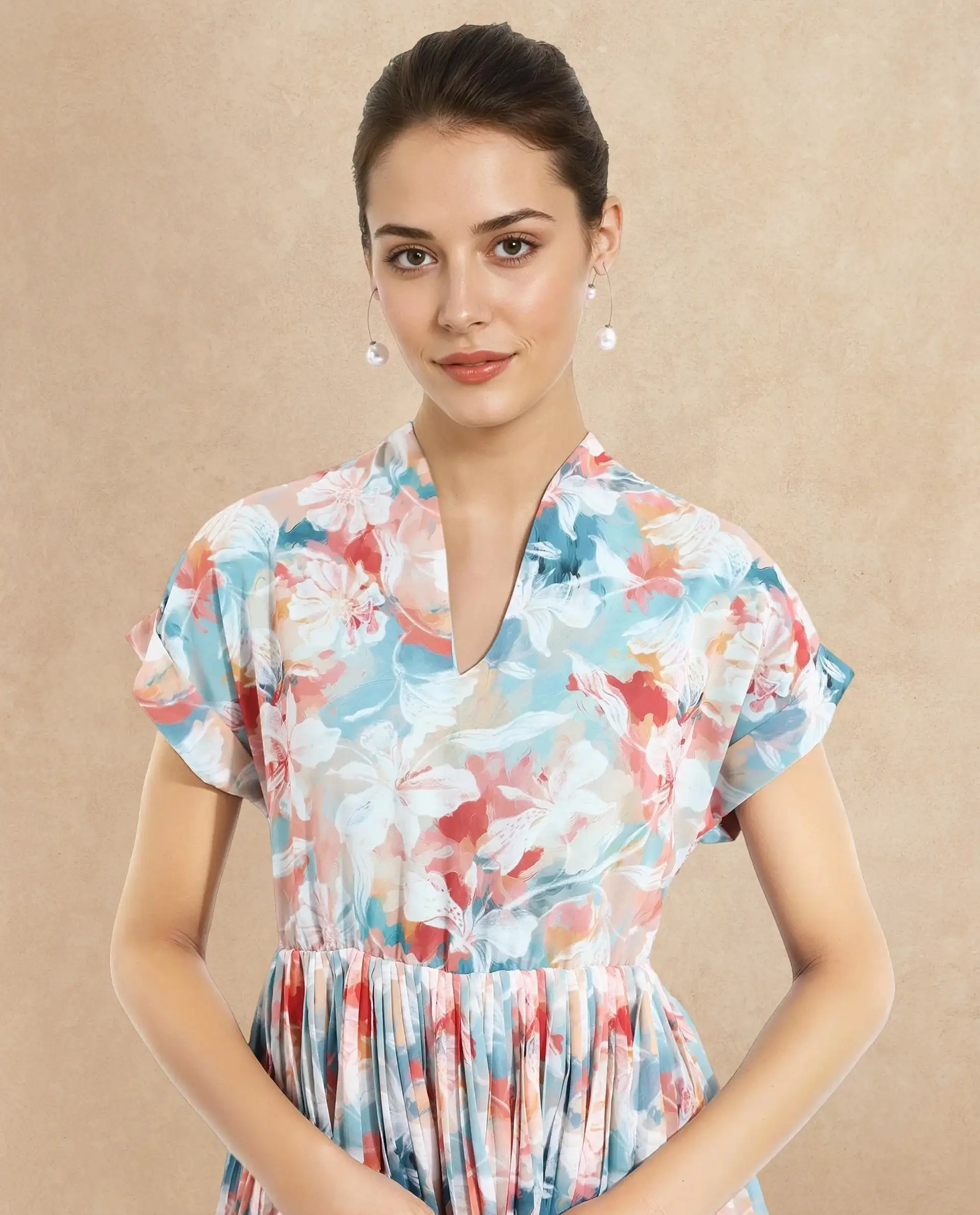 Rareism Women's Zinuzu Light Multi Polyester V-Neck Floral Print Extended Sleeves Midi Fit And Flare Dress - Image 4