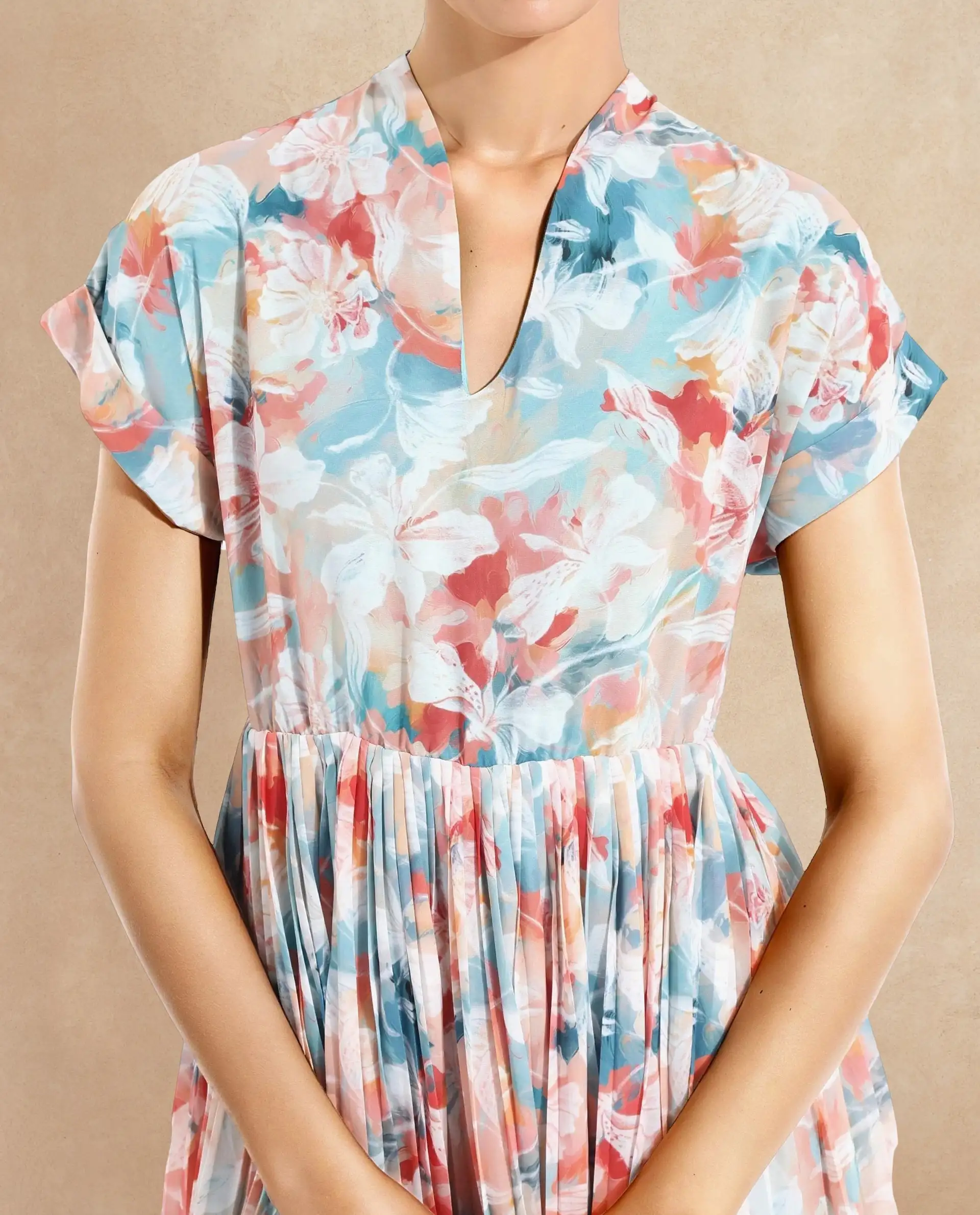 Rareism Women's Zinuzu Light Multi Polyester V-Neck Floral Print Extended Sleeves Midi Fit And Flare Dress - Image 5